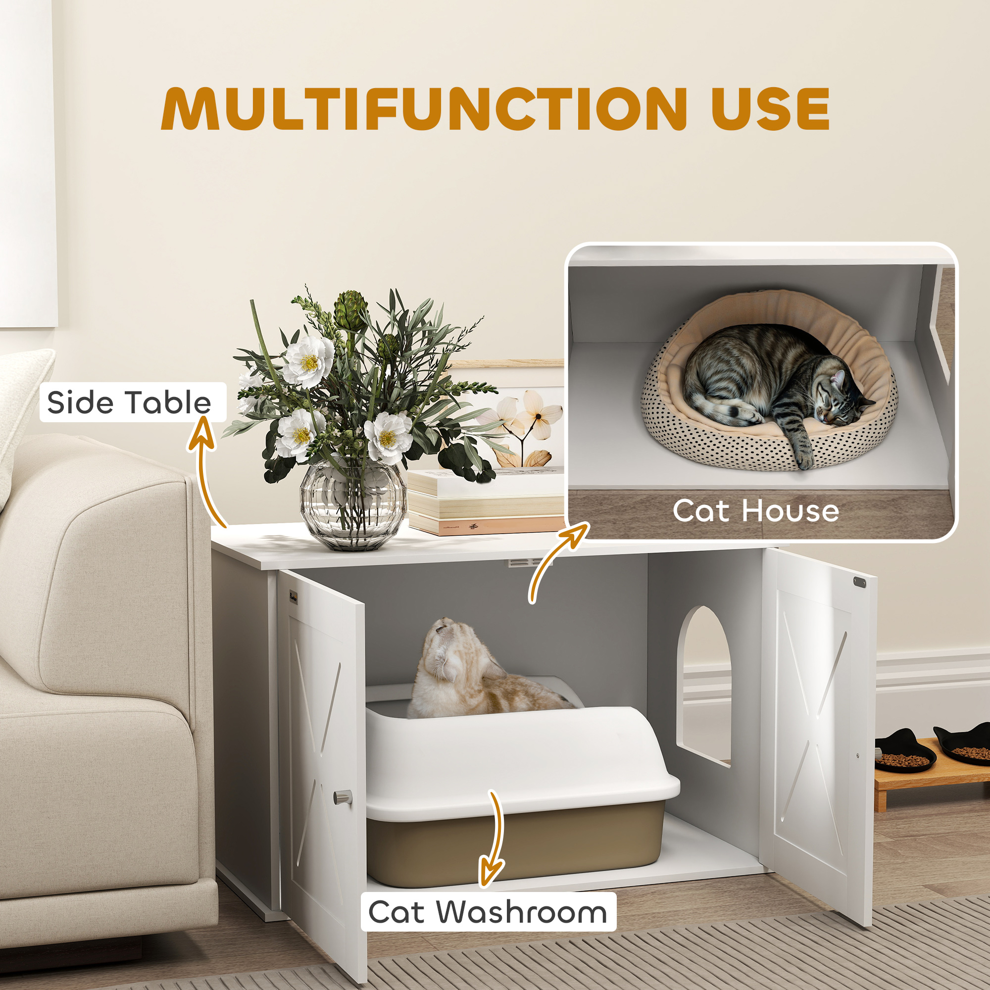 Hidden Cat Litter Box Enclosure with Double Doors, Hole, Pet House Side End Table, 31.5" x 19" x 20", White