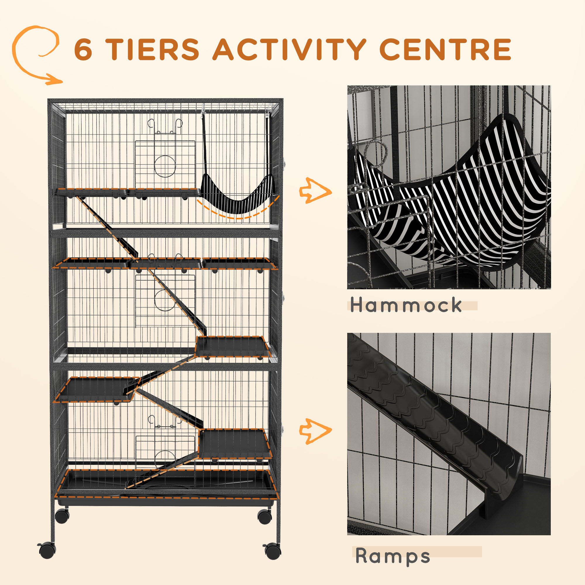 6-Tier Rolling Small Animal Cage, Deluxe Rabbit Cage, Ferret Cage for Mink Chinchilla Kitten Rabbit Charcoal Grey