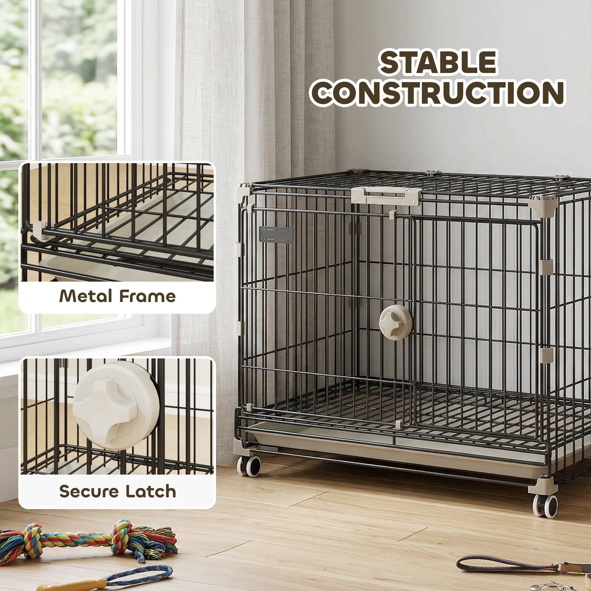Dog Crate, 24 Inch Metal Dog Cage with Removable Tray, Lockable Wheels, 2 Doors for Small Breeds, Black