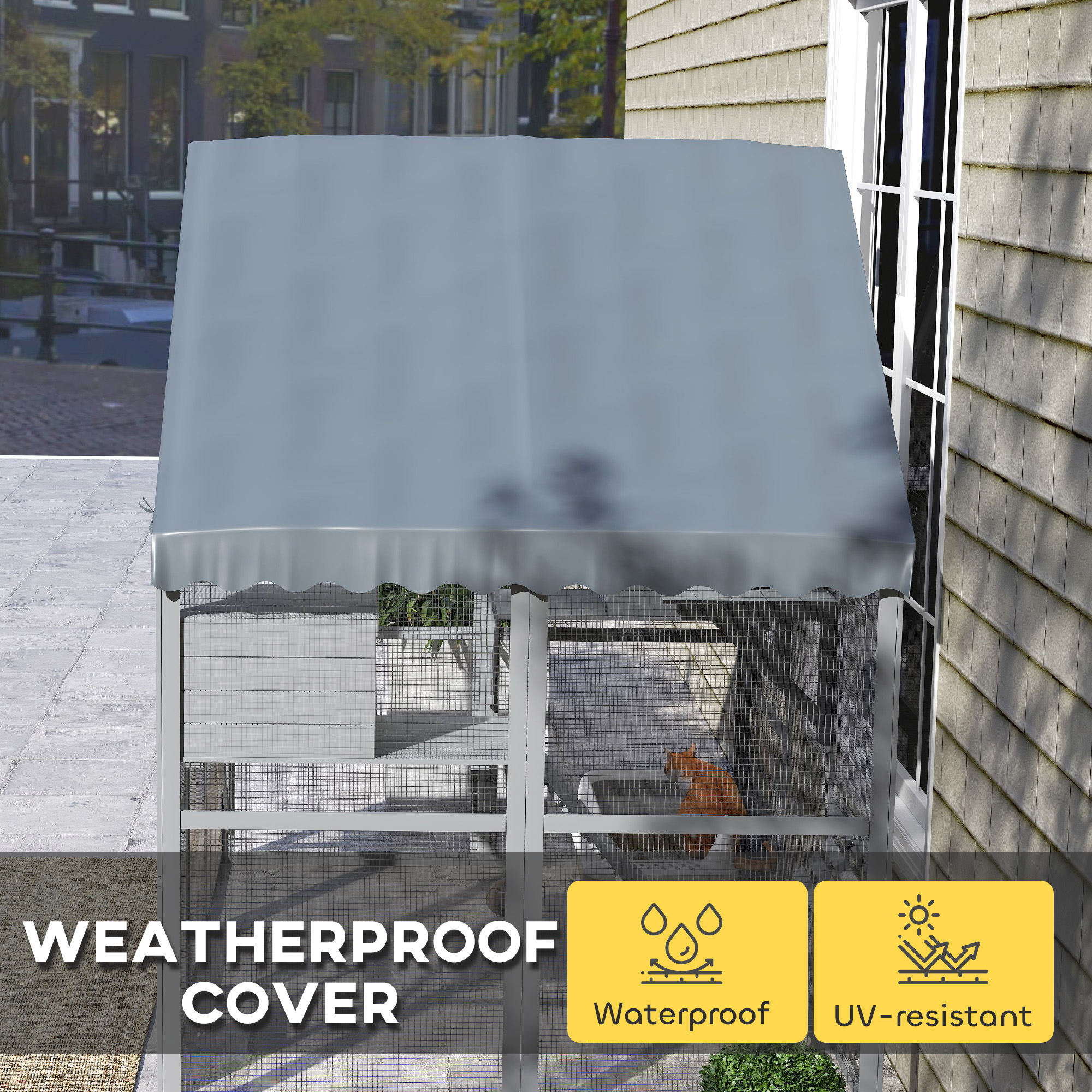 Large Catio Outdoor with Waterproof Cover, 2 Resting Boxes, 4 Platforms, Bridge, for 2-4 Kittens, Grey
