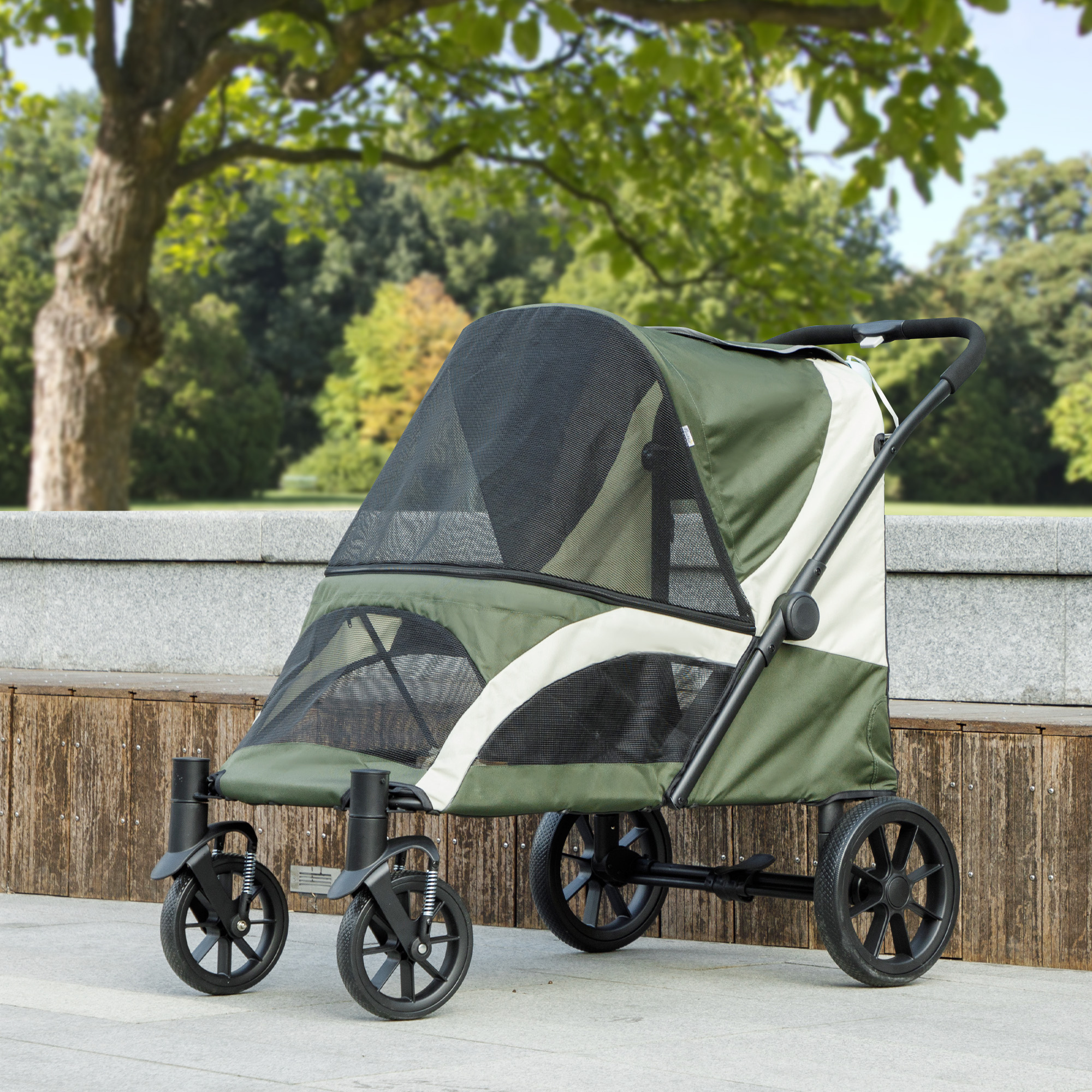 Foldable Pet Stroller for Medium Dogs with Four Big Wheels, Shock-Absorbing Frame, Safety Leashes, Brakes, Dark Green - Image 8