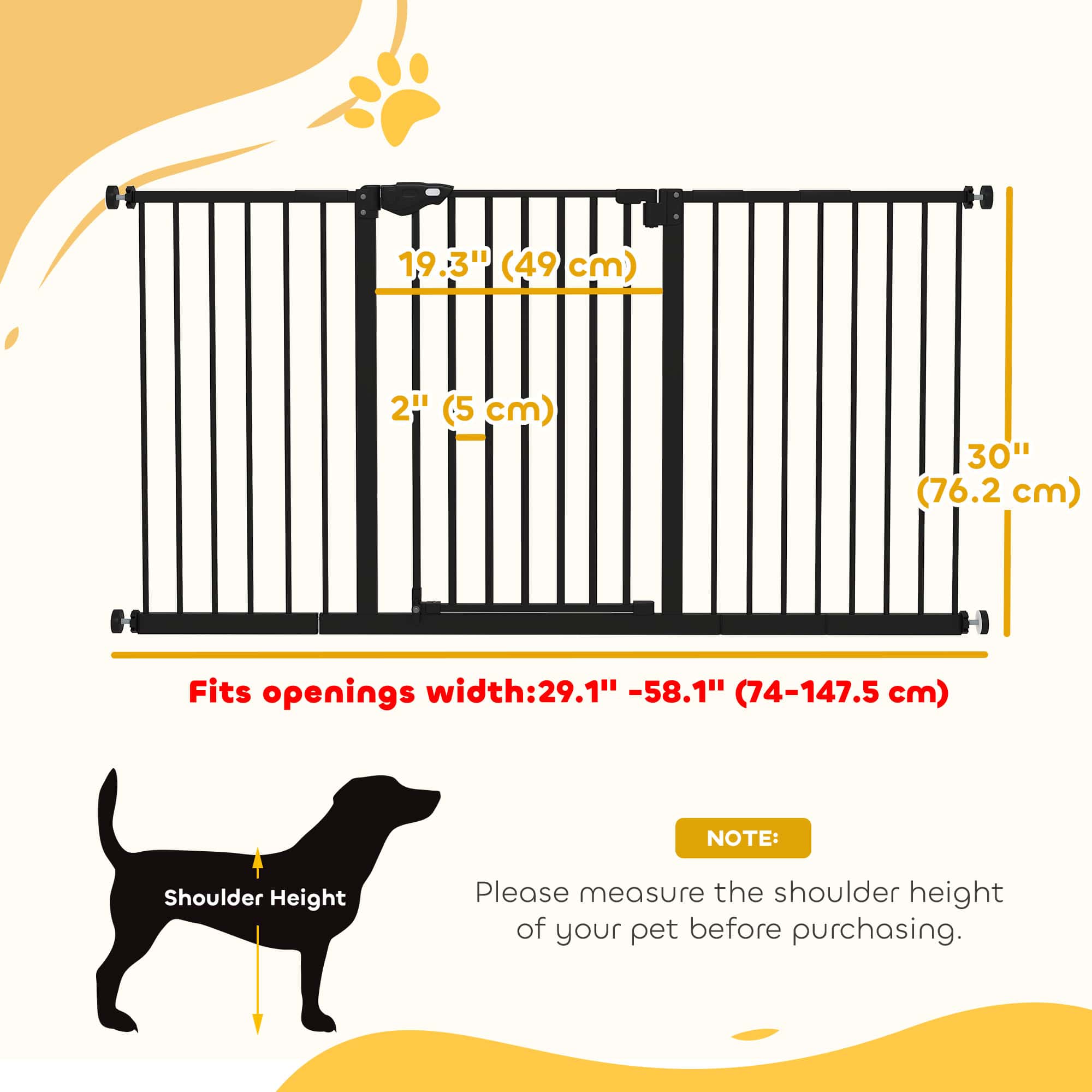29"-58" Wide Pet Gate with Door Dog Gate and Barrier Indoor for Stairs Includes 7", 8", 12" Extensions Kit, 30 Inch Tall Pressure-Mounted Safety Gate, Black