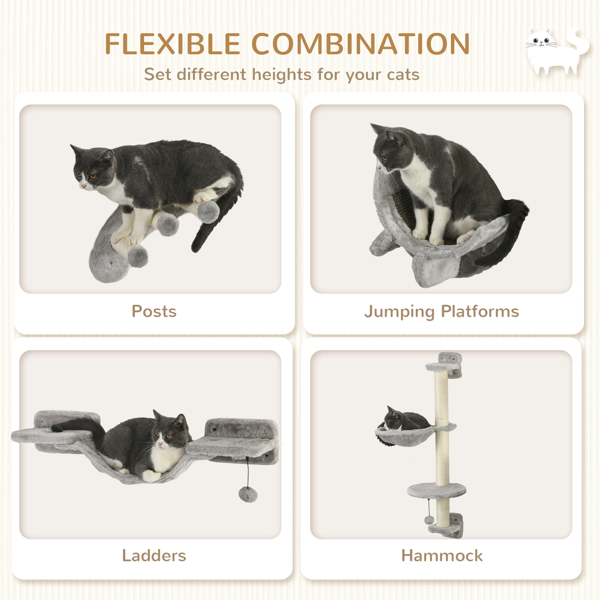 4Pcs Cat Wall Shelf with Scratching Post, Cat Wall Shelves for Relaxing, Climbing, Cat Wall With Soft Ladder, Hammock, Play Balls, Grey