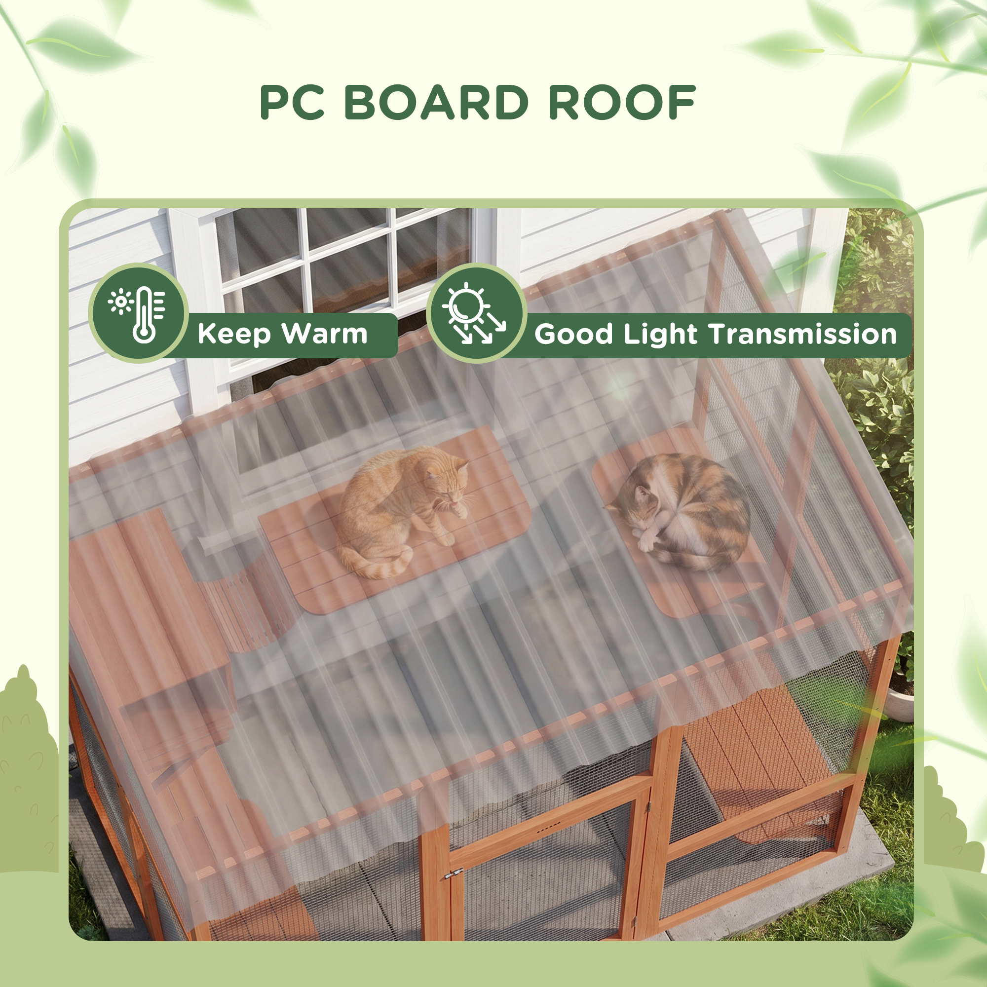 Large Outdoor Catio with Weatherproof Roof, Bridge, Resting Box, Platforms, Orange