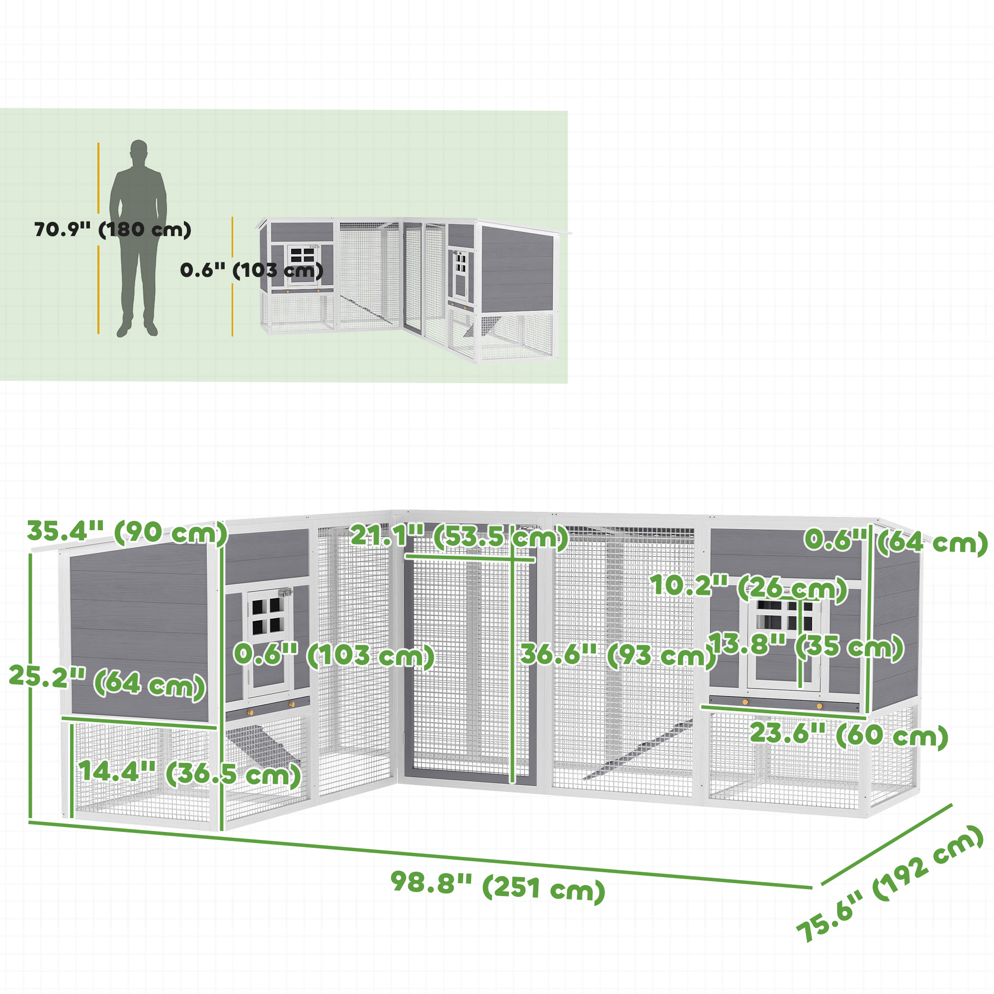 Chicken Coop with Run, L-Shaped Wooden Chicken House with 2 Houses, Outdoor Hen House with Waterproof Roof and Ramps