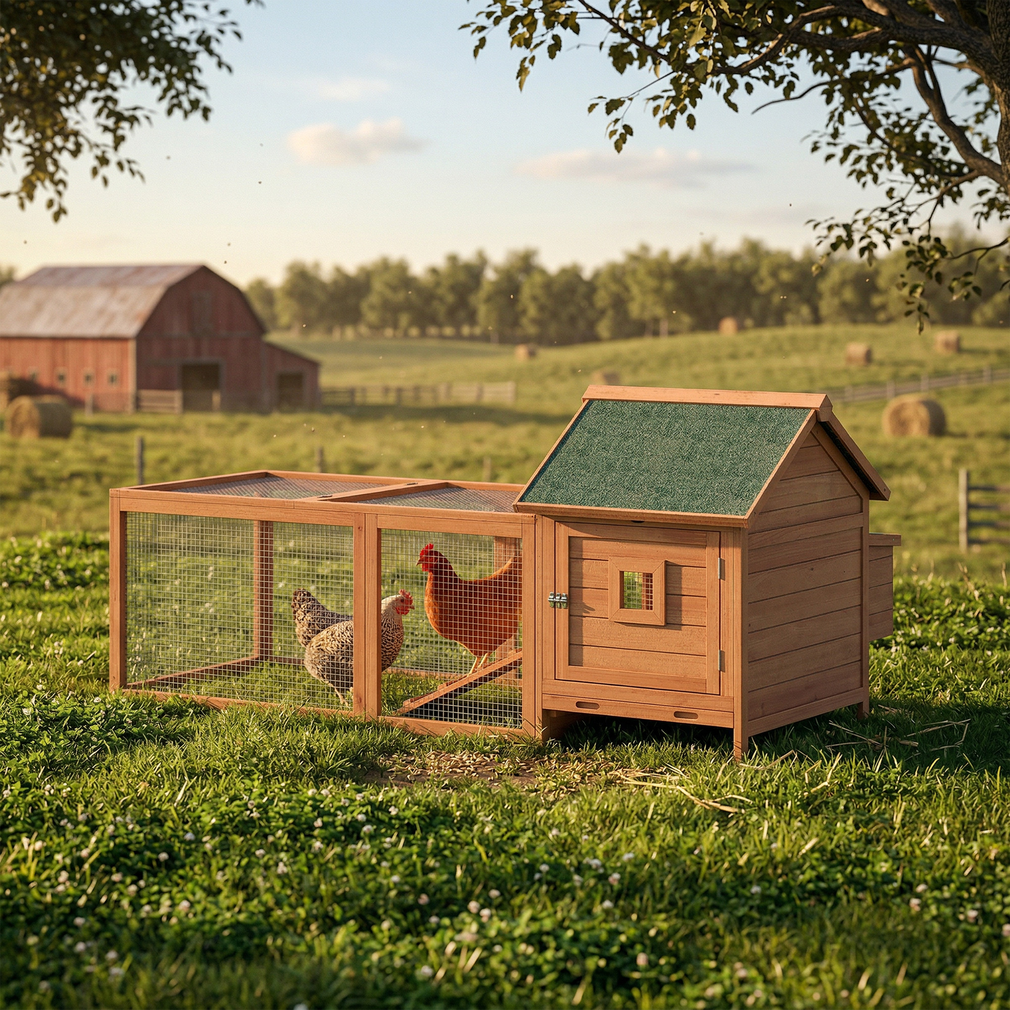 72" Chicken Coop, Wooden Hen House for 2 Chickens, Poultry Cage with Run, Nesting Box, Removable Tray, Waterproof Roof - Image 8