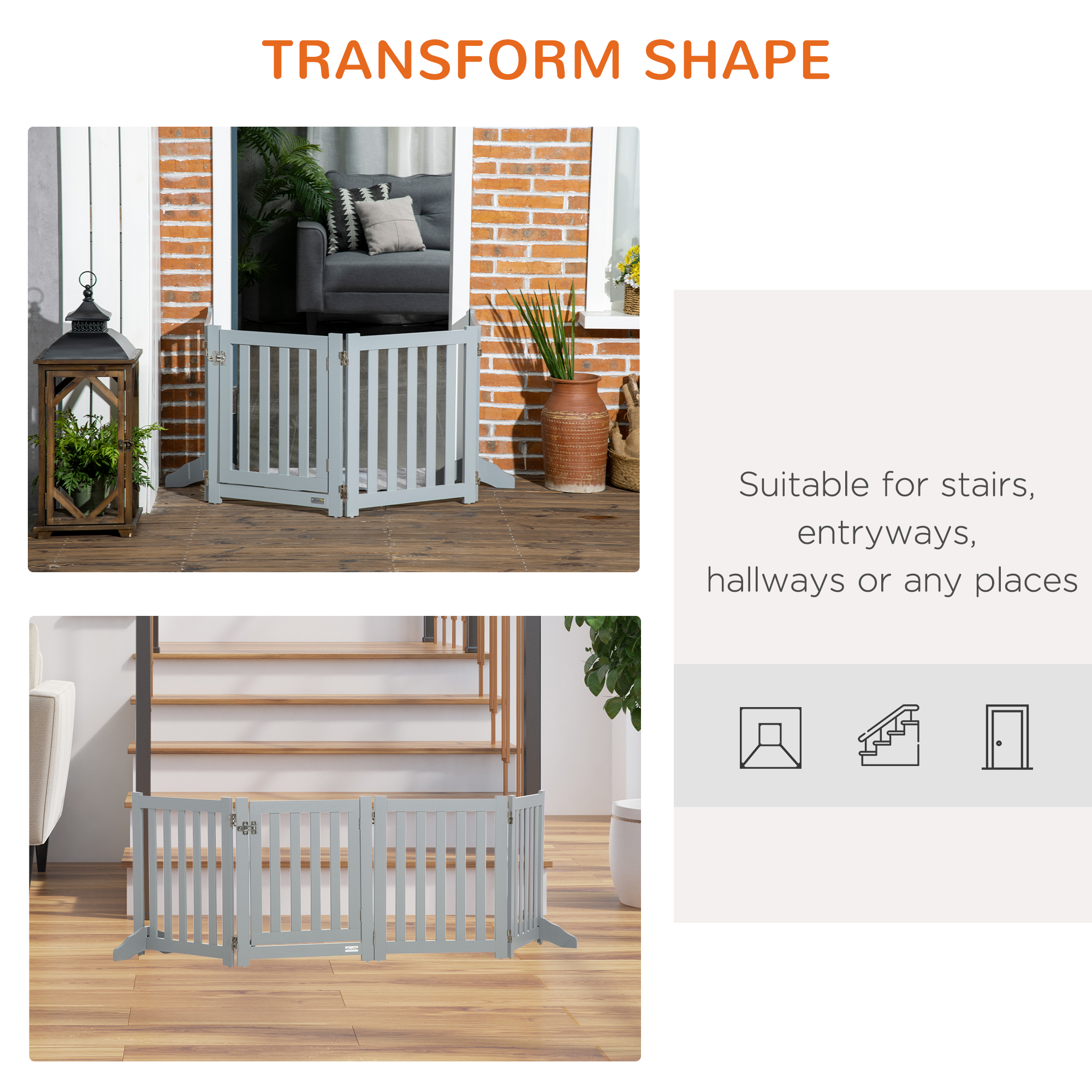 23.5"H Foldable Dog Gate with Door, 4 Panels Freestanding Pet Gate Barriers Indoor with Support Feet, Puppy Fence for Dogs, Grey