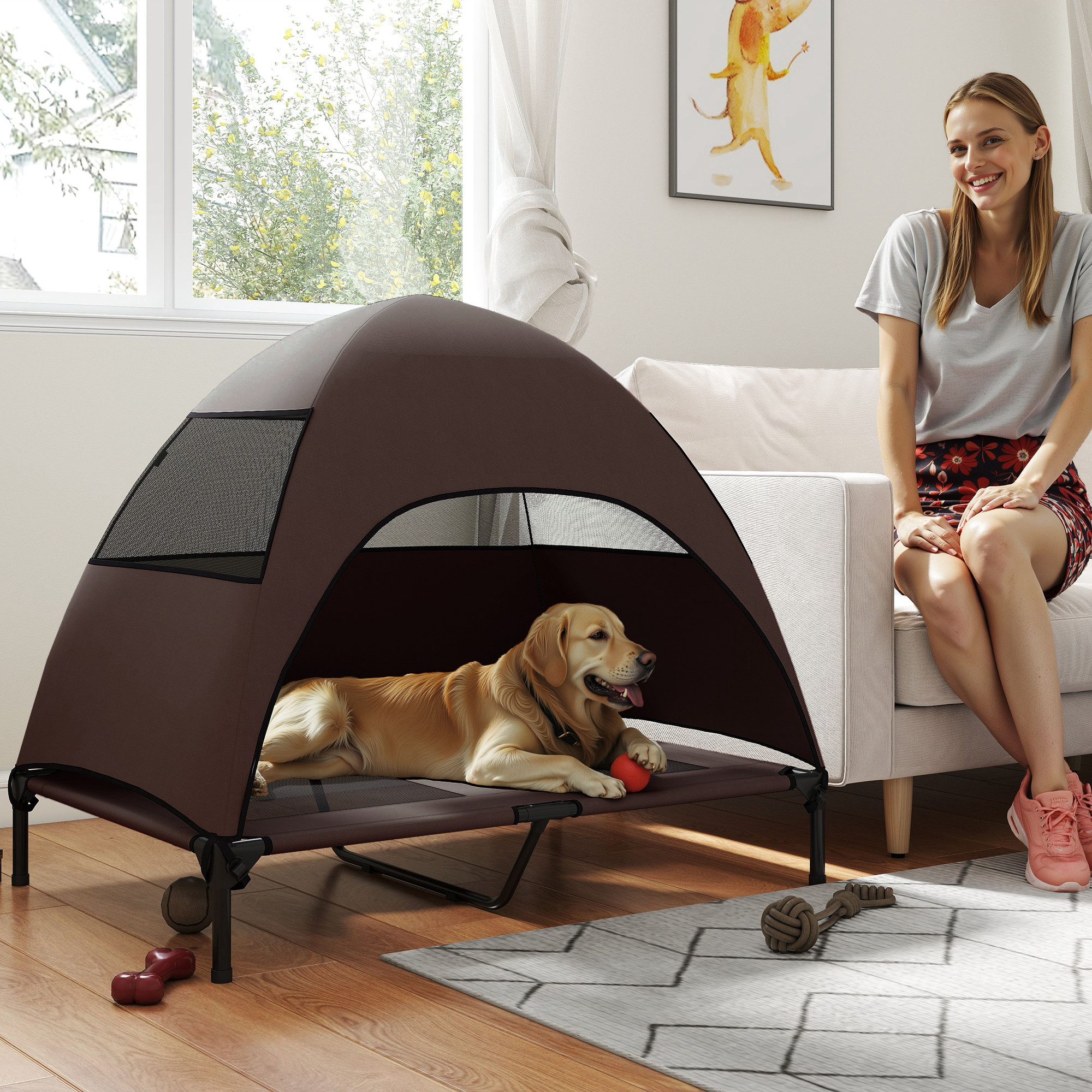 Elevated Dog Bed with Canopy Raised Dog Bed Washable Mesh Steel Frame 41.7" x 29.9" x 39" Coffee