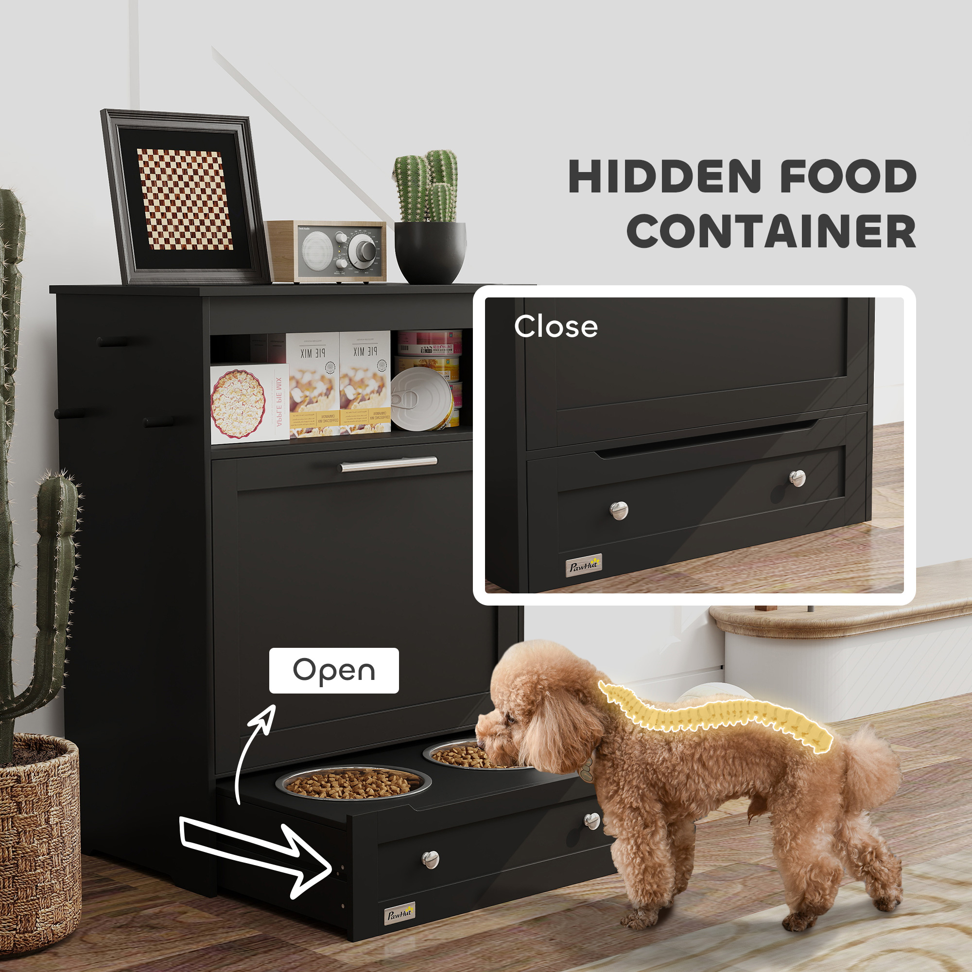 Pet Feeder Station Storage Cabinet, Dog Food Storage Container with Dog Raised Bowls, Watering Supplies, Black