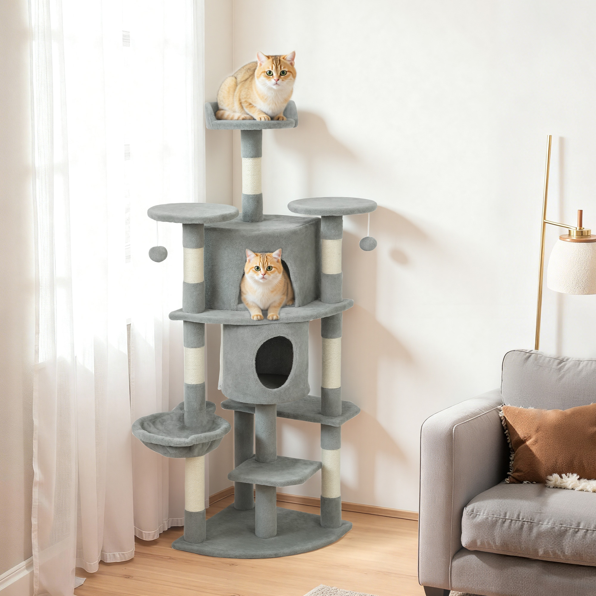 62" Cat Tree with Scratching Post, 2 Condos, Hammock, Perches, Plush, Pompoms, for Indoor Cats, Light Grey