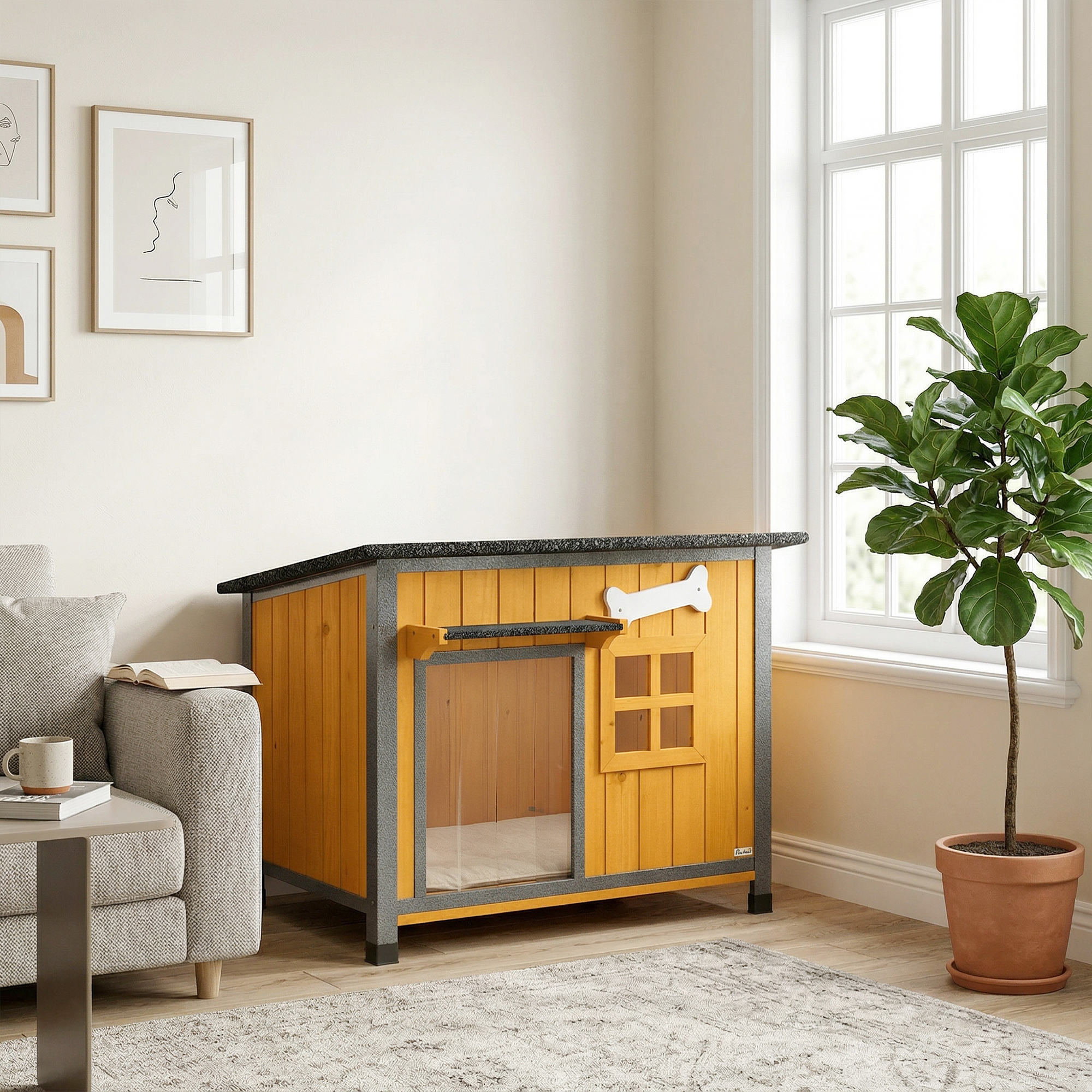 Outdoor Dog House with Anti-Chewing Steel Frame, Openable Roof, Removable Floor, Door Curtain, Yellow