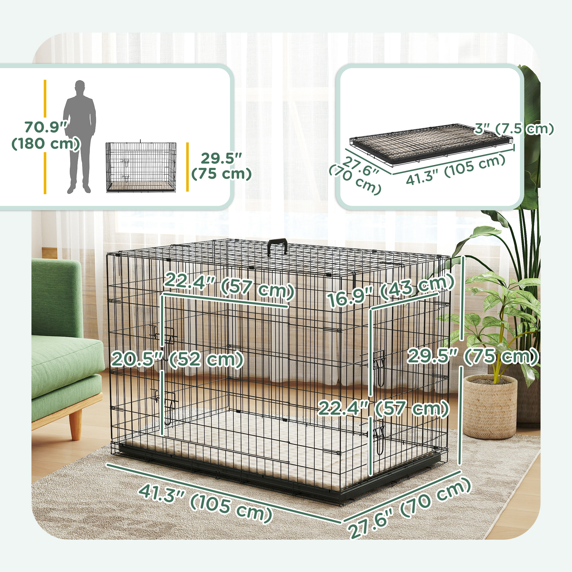 42" Dog Crate with 2 Doors, Folding Metal Dog Cage with Soft Cushion, Removable Tray, Handle, for Small Dogs, Black