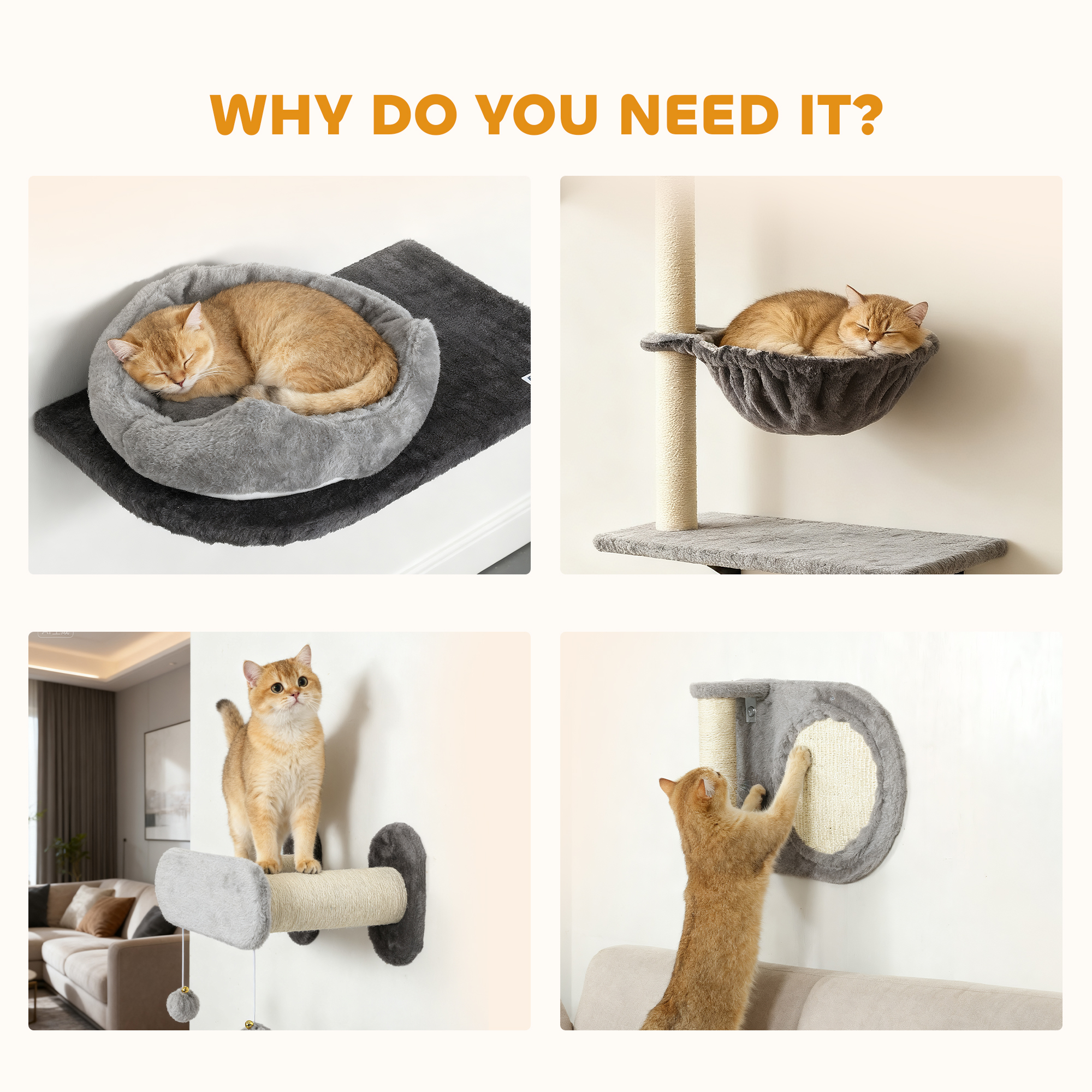 4Pcs Cat Wall Shelves with Scratching Post & Pad, Condo, Hammock, Bed, Step, Hanging Pompoms, Perches