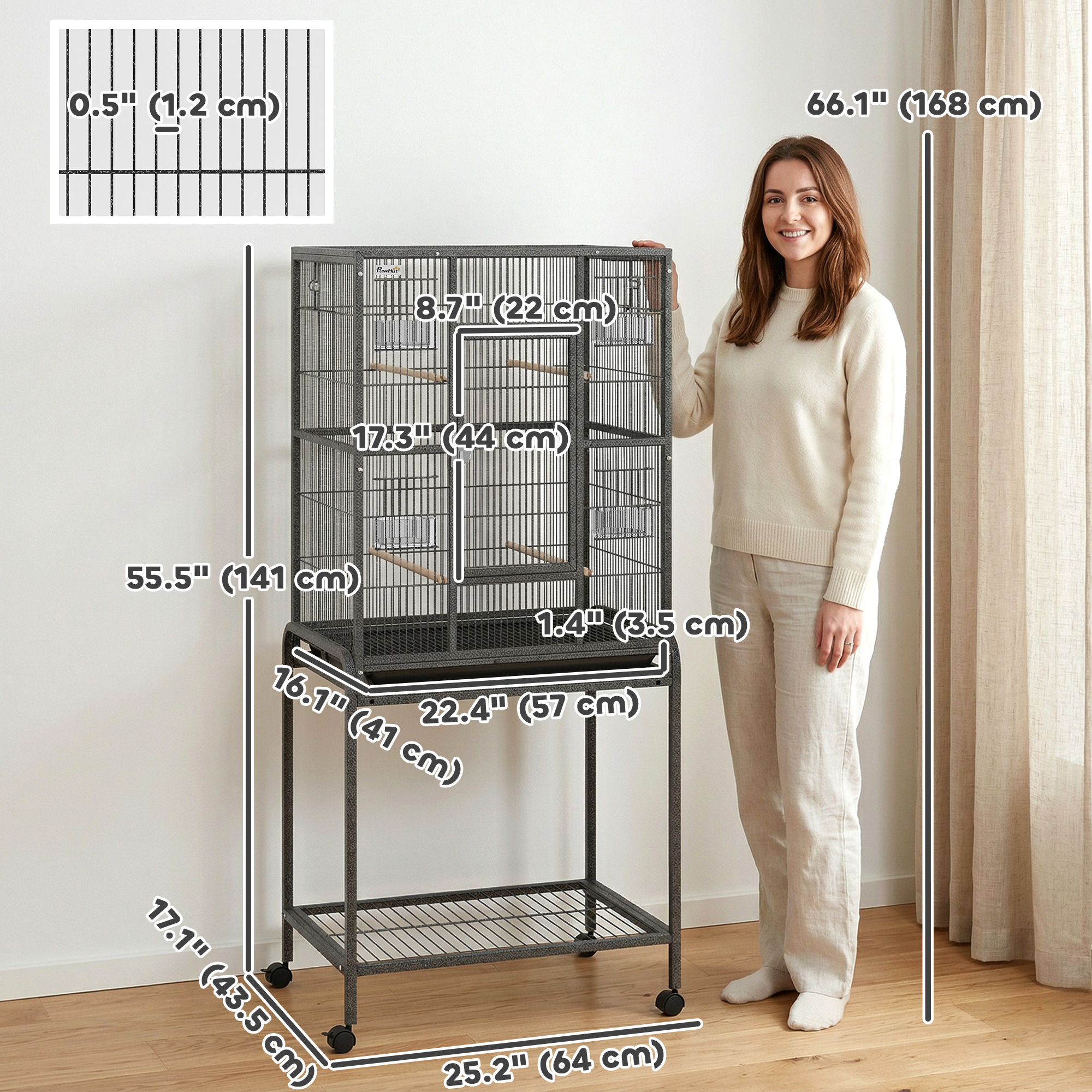 56"H Bird Cage, Parrot Cage w/ Detachable Rolling Stand, Removable Tray, Storage Shelf, Perches, Food Container