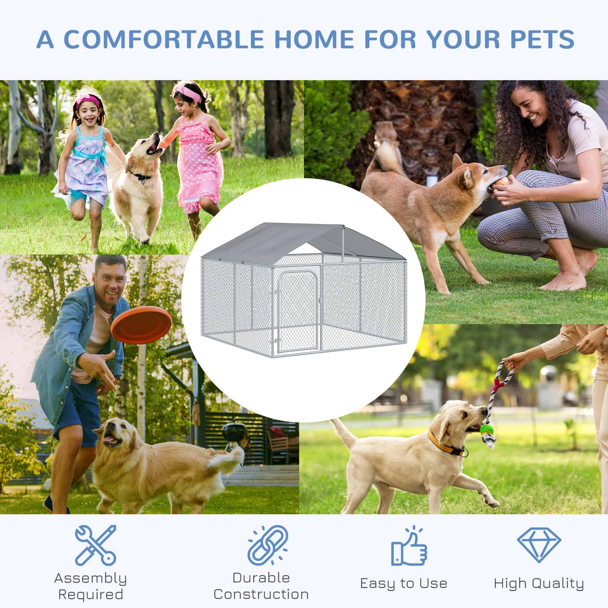 Outdoor Dog Kennel with Roof, Dog Run with Waterproof & UV-Resistant Cover, Secure Lock, for Backyard & Patio, 7.5' x 7.5' x 5.7' - Image 7