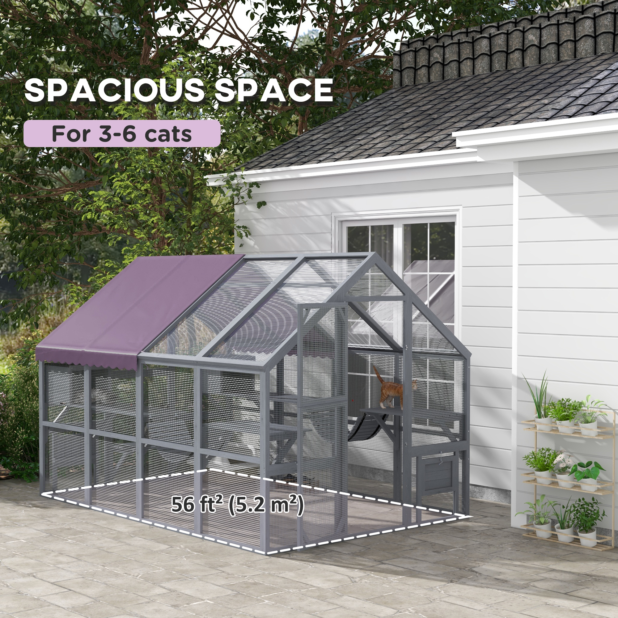 Outdoor Cat Enclosure Wooden Feral Cat House w/ Weatherproof Canopy, Bridges, Resting Boxes, Platforms, for 3-6 Cats