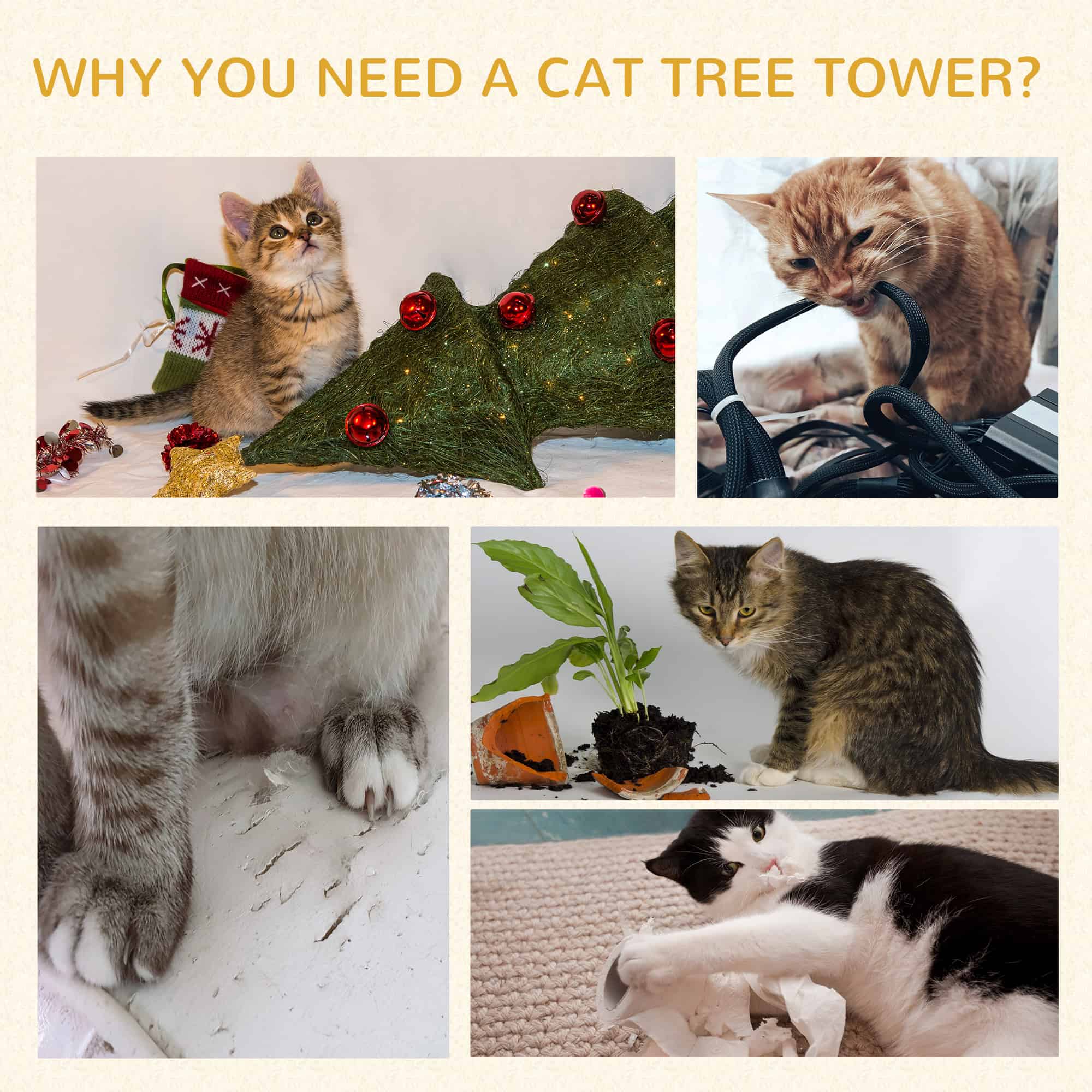 52" Multi-Level Cat Tree Tower, Kitten Scratcher Activity Center Play House with Hammock - Grey