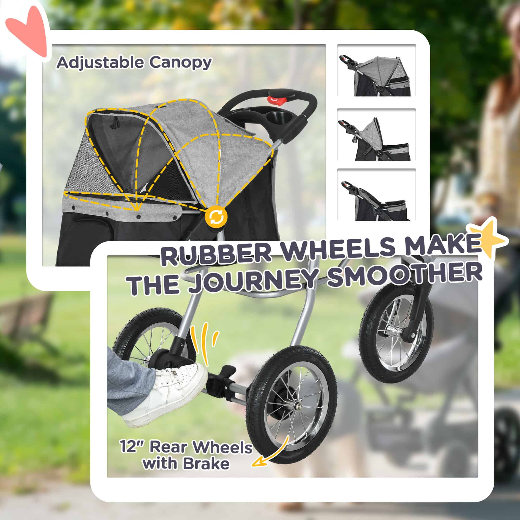 Small Dog Stroller, 3-Wheel Foldable Pet Stroller with Adjustable Canopy and Zippered Mesh Door for Pet Owners, Grey