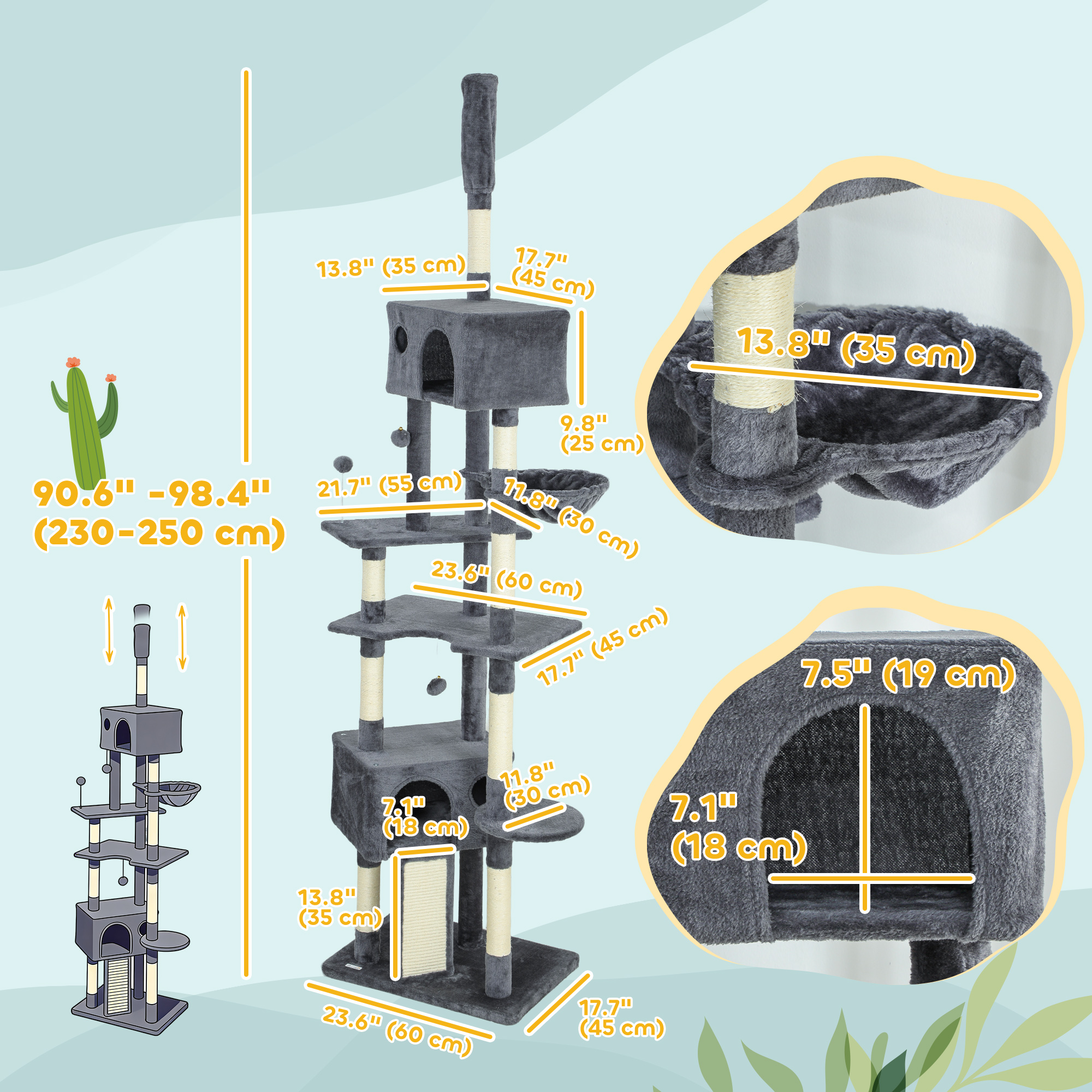 91"-98" Floor to Ceiling Cat Tree with 2 Condos, Hammock and Sisal Scratching Posts, for Indoor, Dark Grey