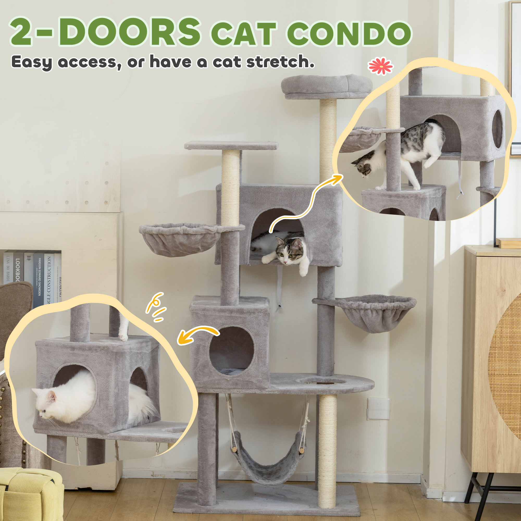 66 Inch Large Cat Tree with 2 Door Condos, 3 Big Hammocks, Plush Top Perch, Sisal Scratching Posts, Light Grey