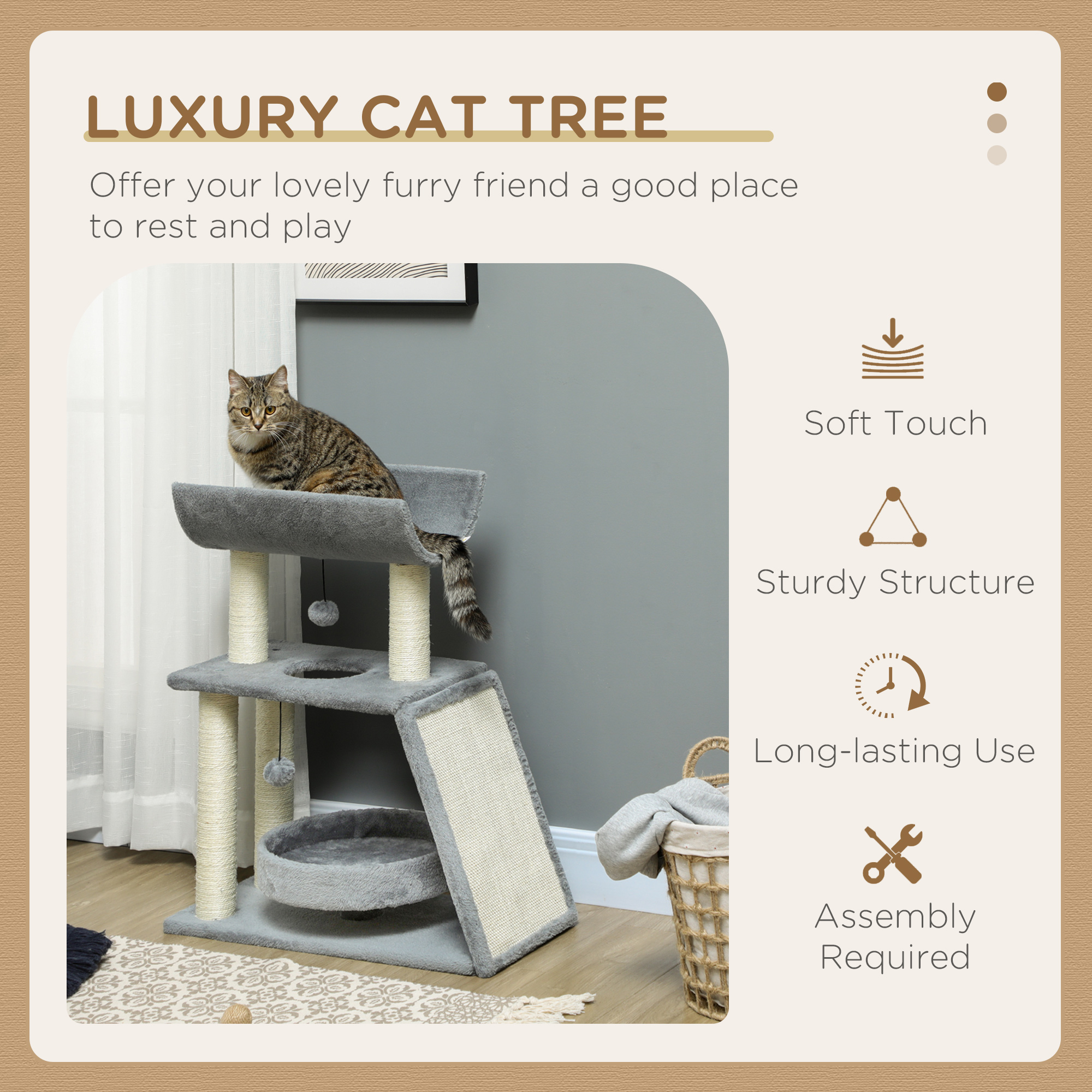 Small Cat Tree with Perch, Scratching Posts, Pad, Bed, Toy Balls, Light Grey