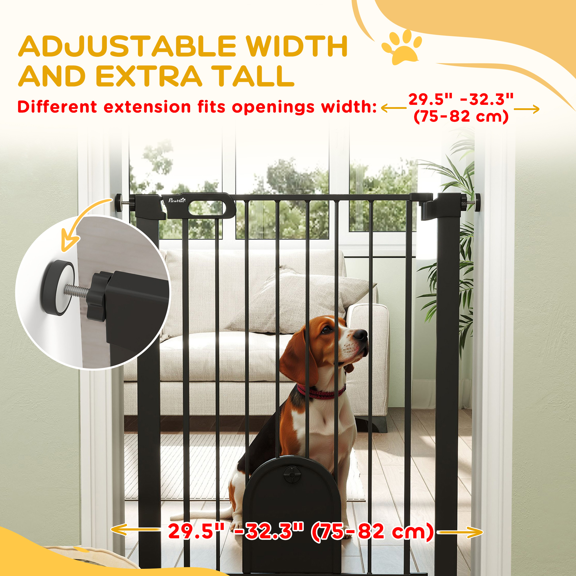 30"-32" Extra Wide Pet Gate Barrier with Small Door, 35"H Dog Gate with Safety Gate Barrier, Stair Pressure Fit, Black