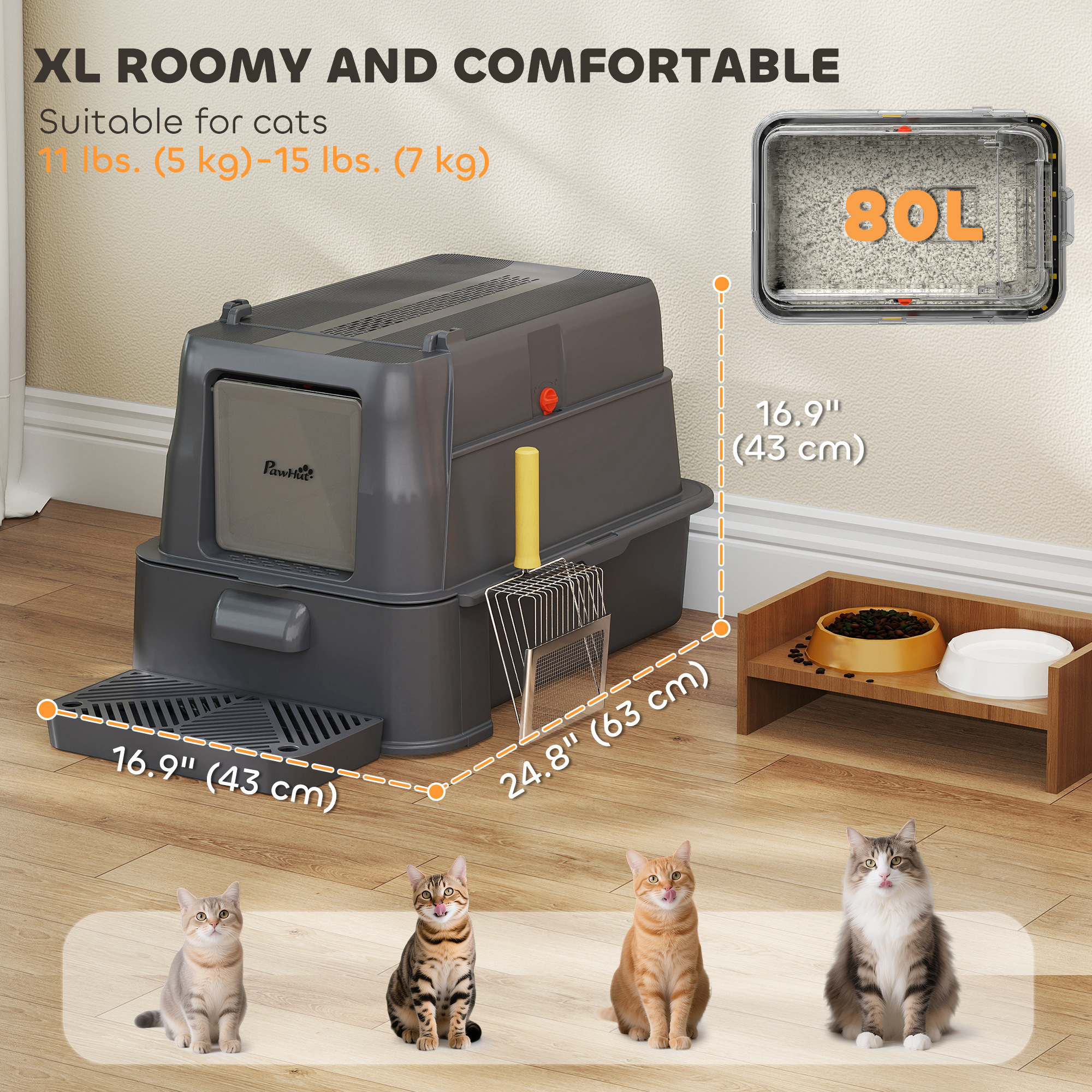 80L XL Stainless Steel Cat Litter Box for Big Cats with Flip Cover, Pull-Out Drawer Tray, High Sided, Pedal, Dark Grey