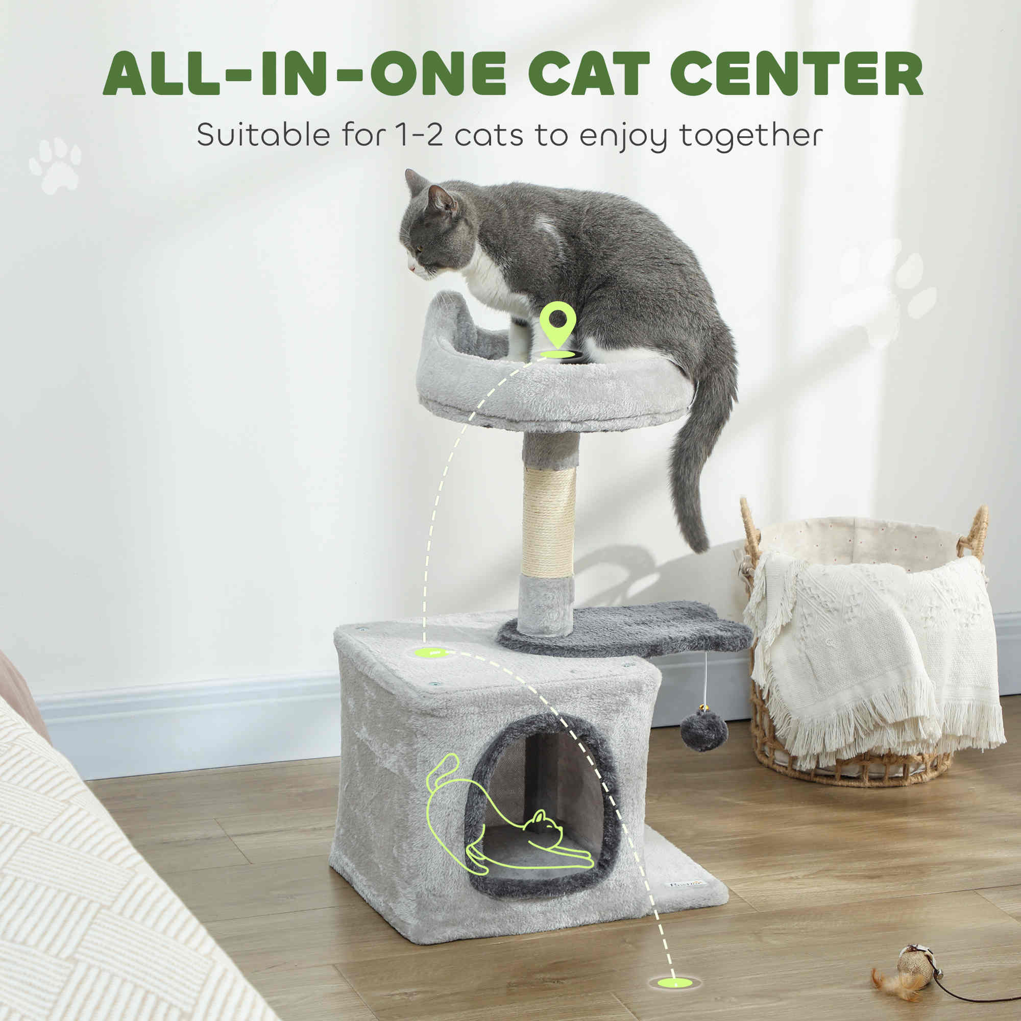 28" Cat Tree Tower with Plush Top Bed, Cozy Condo, Sisal Scratching Post, Perch, Dangling Ball, Light Grey - Image 4