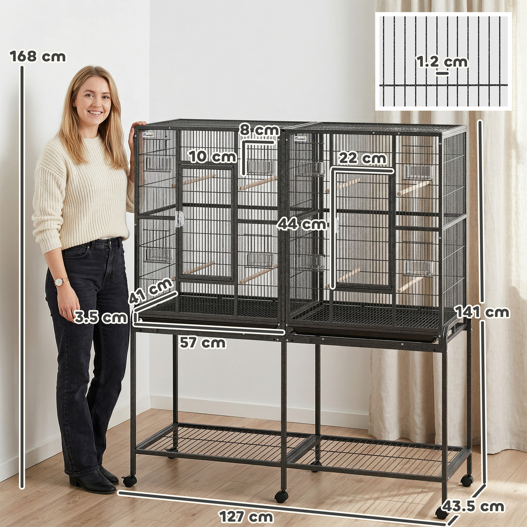 56"H Bird Cage, Parrot Cage w/ Detachable Rolling Stand, Removable Tray, Storage Shelf, Perches, Food Container