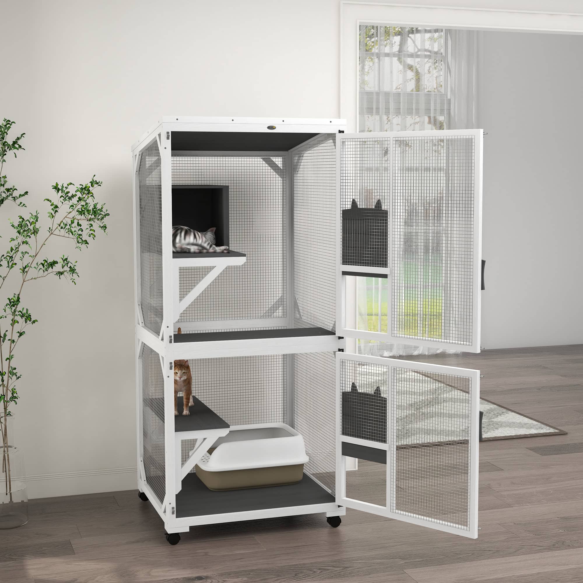 Catio Outdoor, Elevated Design, with Wheels, Resting Box, Water-Resistant, Multi Platforms, White & Grey