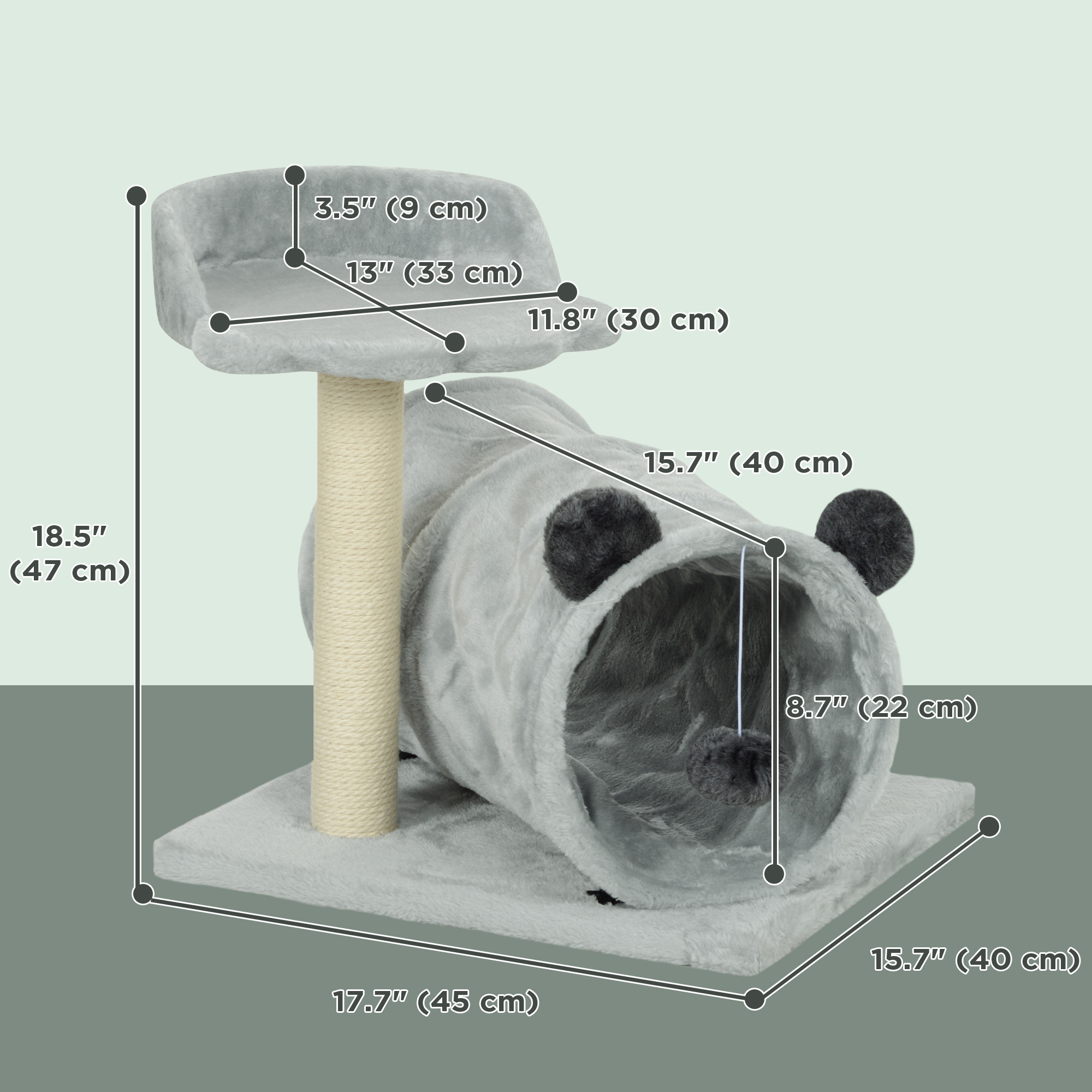 18.5" Small Cat Tree, Compact Cat Tower with Tunnel, Scratching Post, Plush Bed, Dangling Ball, for Indoor Use, Grey