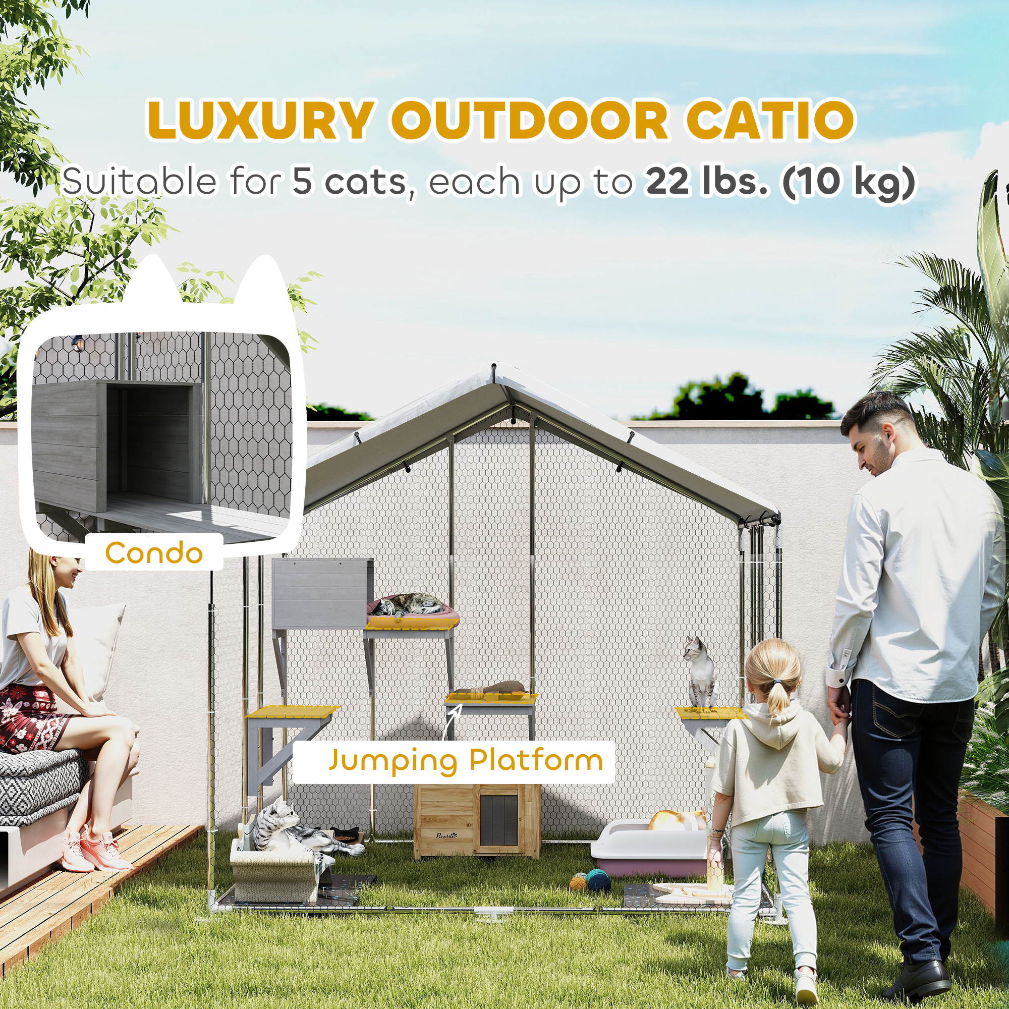 79" Extra Large Metal Outdoor Catio with Waterproof Cover, Resting Box, 4 Platforms, for Multiple Rabbits, Chicken