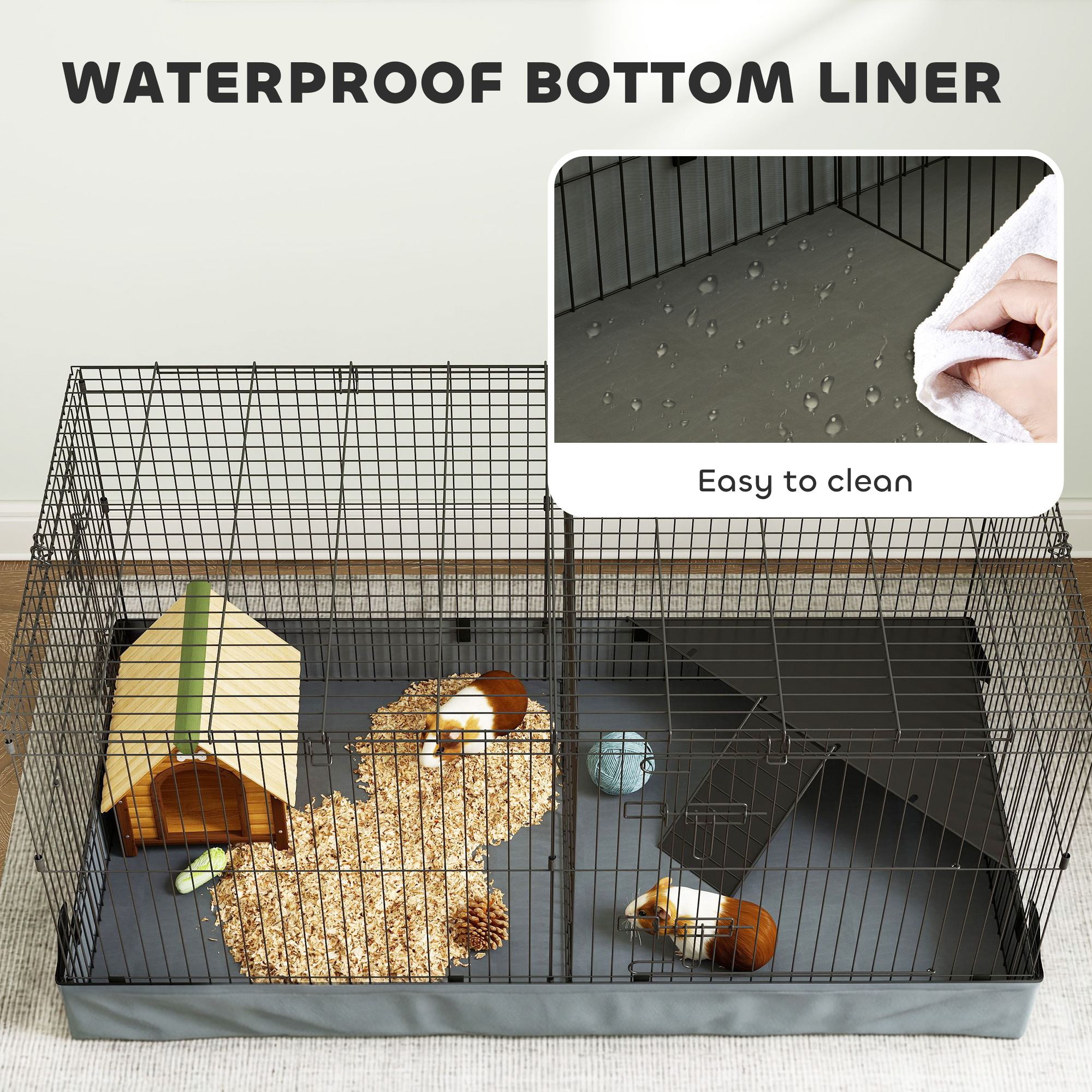 Guinea Pig Cage with Removable Top, 2 Separate Area, Waterproof Bottom Liner, Ramp, Perch, for Rabbits, Hedgehogs - Image 6