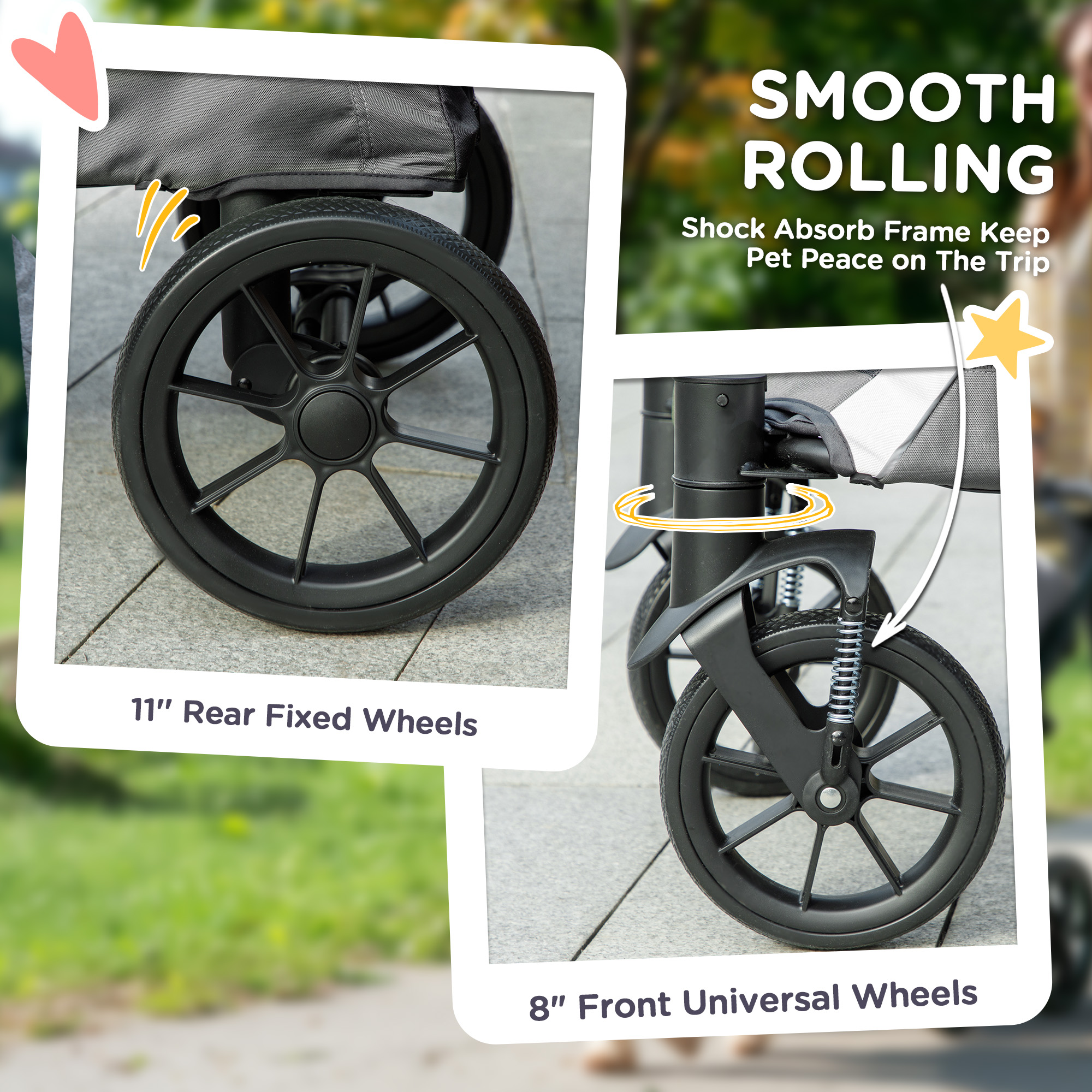 Foldable Pet Stroller for Medium Dogs with Four Big Wheels, Shock-Absorbing Frame, Safety Leashes, Brakes, Dark Grey