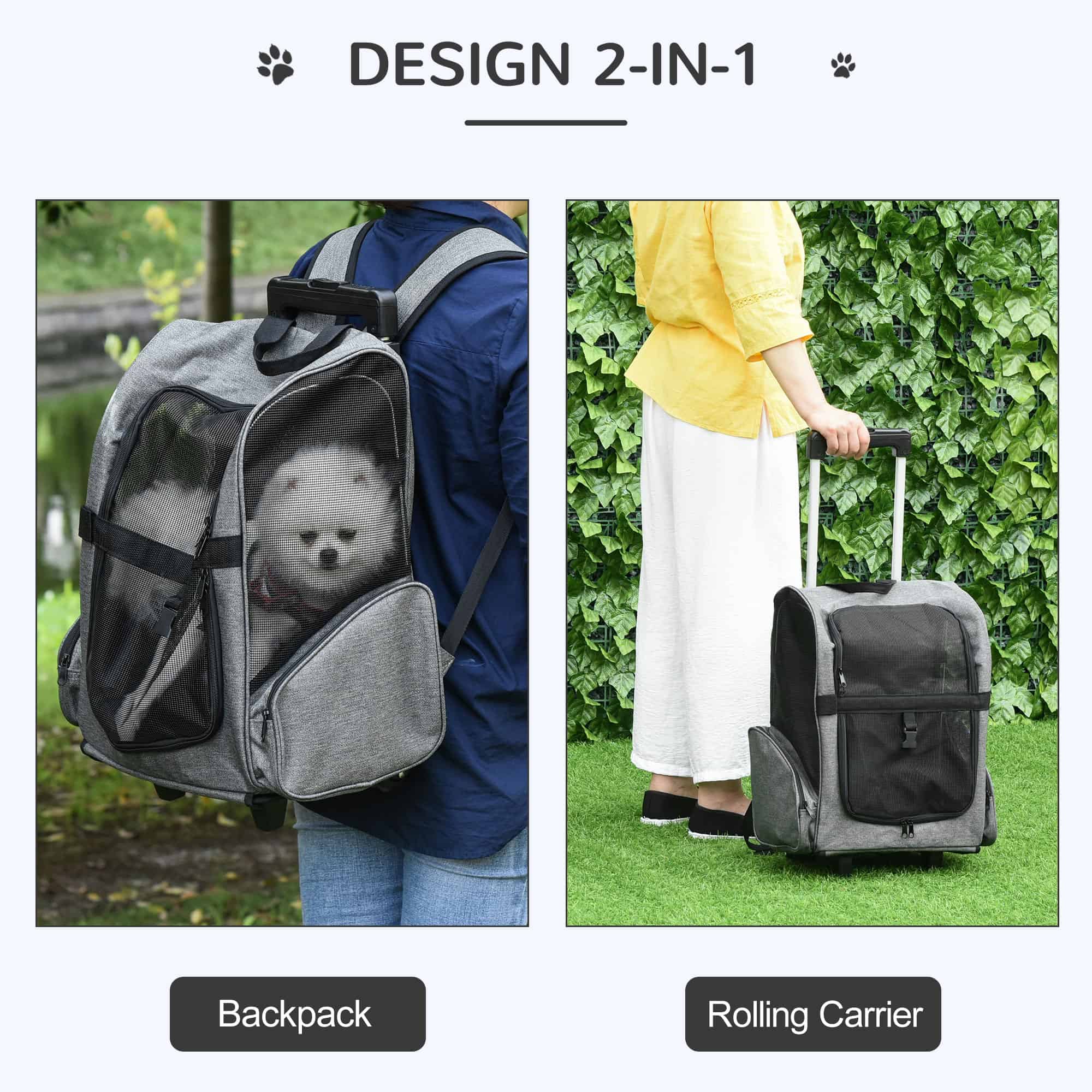 2-IN-1 Pet Luggage Box Backpack Carrier Cats Dogs w/ Handle, Rolling Wheel Grey - Image 4
