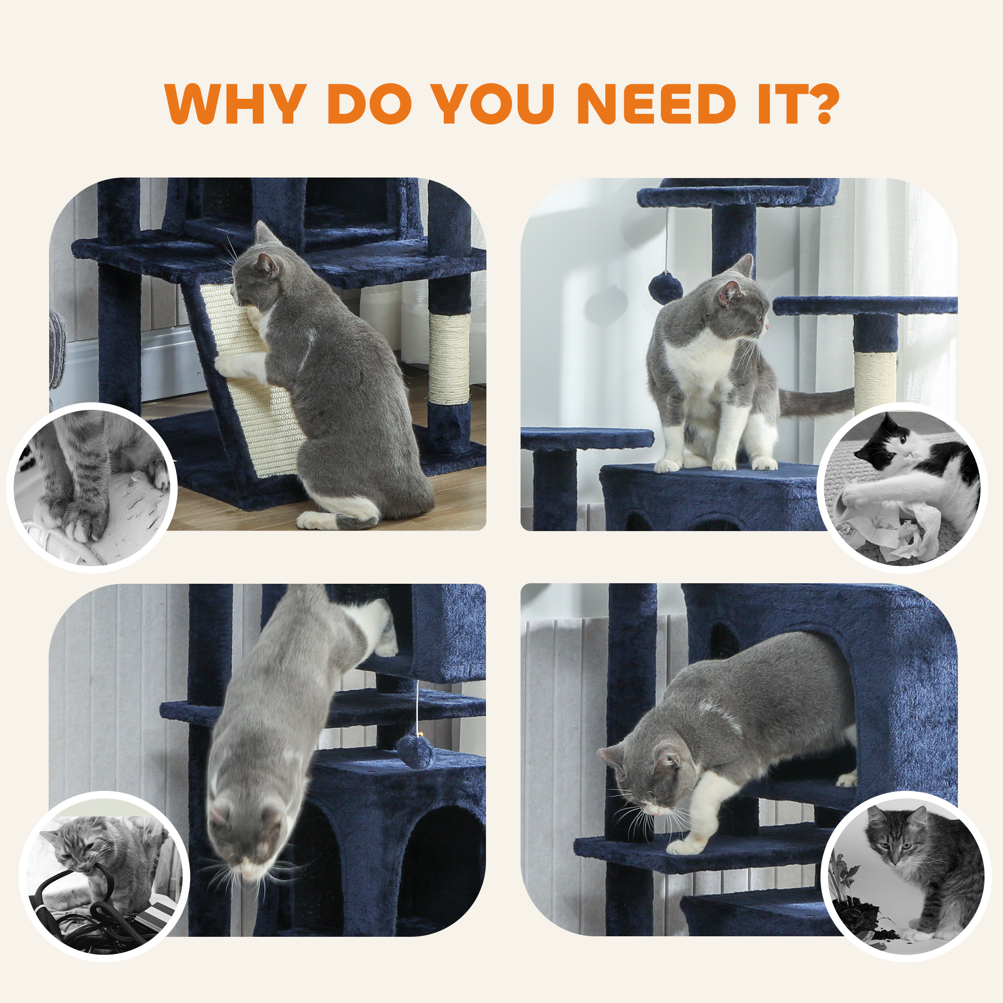 63" Cat Tree, Multi-Level Cat Tower with Scratching Posts, Cat Condos, Bed, Platforms, Ramp, Toy Ball, Dark Blue