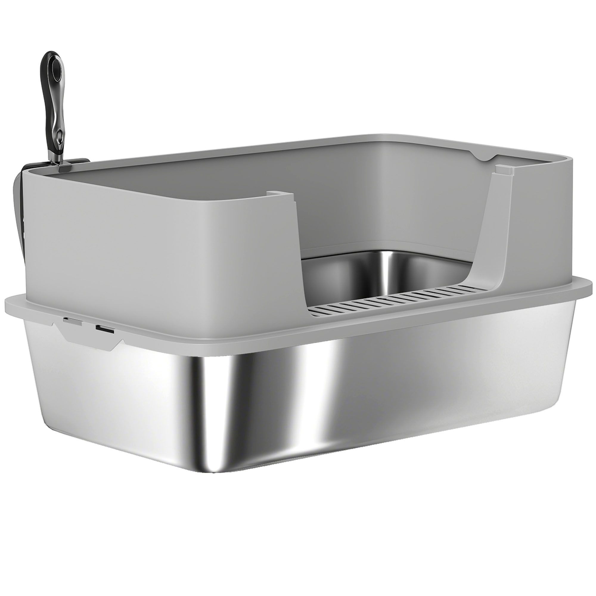 Stainless Steel Litter Box, XL High Sided Cat Litter Box with Scoop, Anti Leakage & Easy to Clean, 24" x 16" x 12", Grey