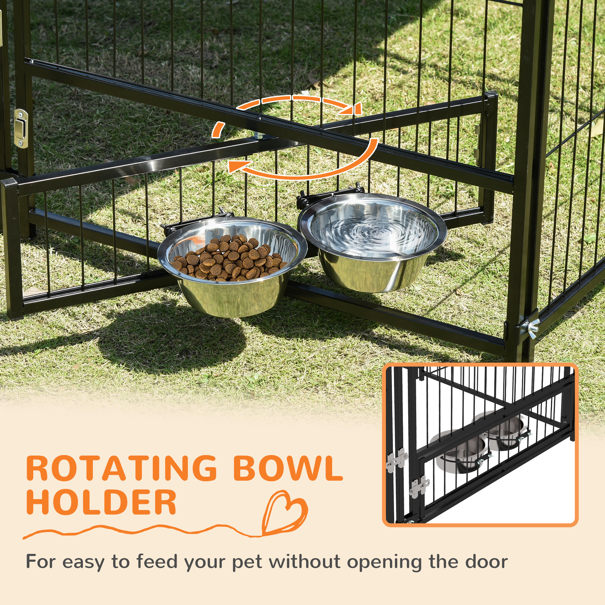 4.6' x 4.6' x 5' Outdoor Dog Kennel with Canopy, Rotating Bowls, Coffee
