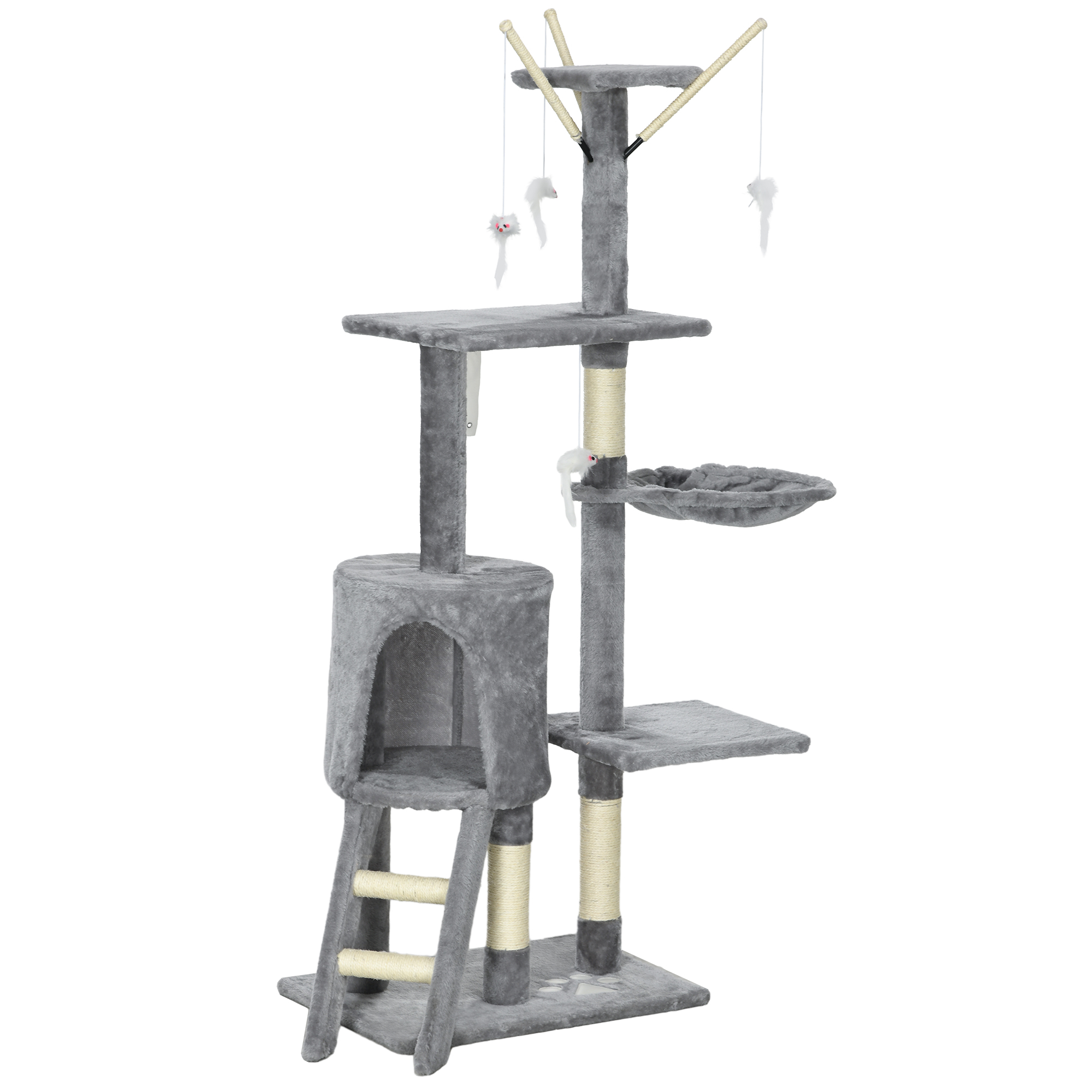 53" Cat Tree Tower, Kitten Activity Centre with Scratching Posts, Condo, Perches, Ladder, Hammock, Dangling Toys, Grey