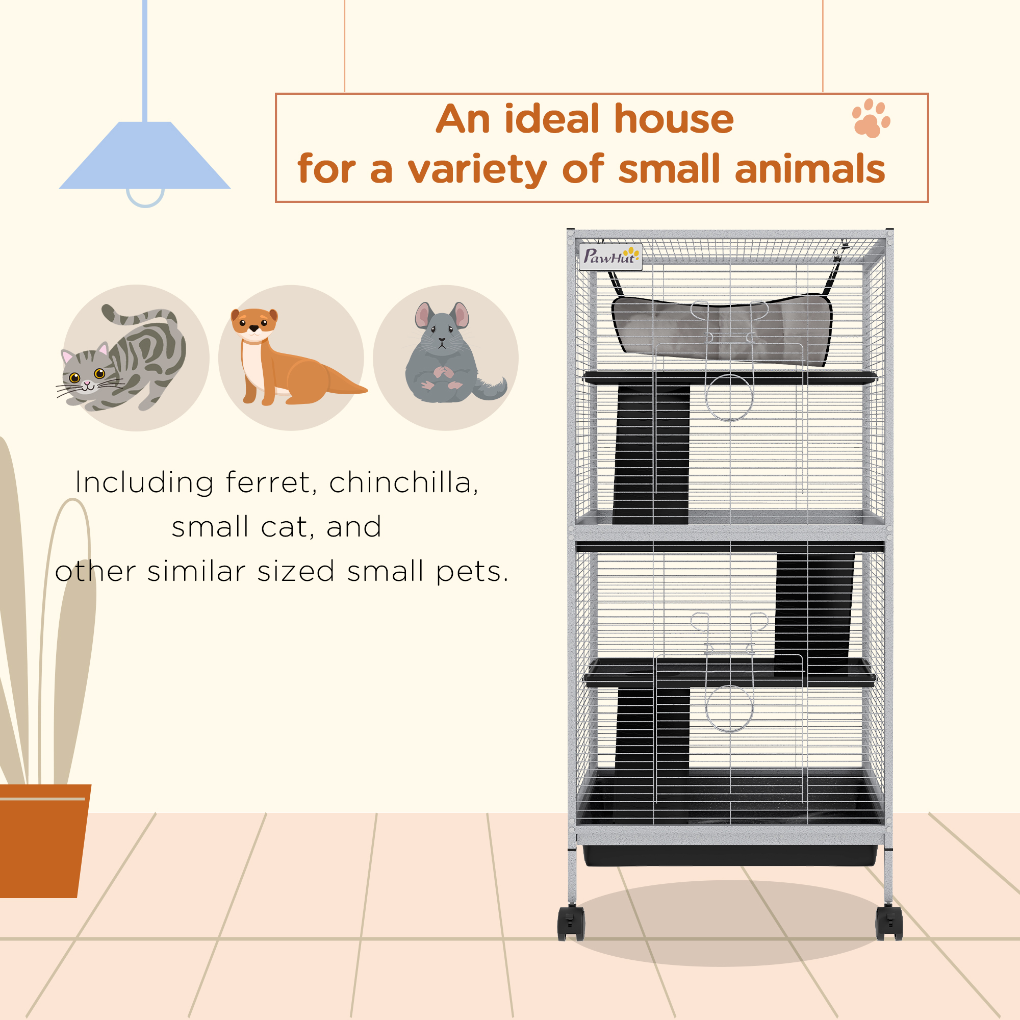 Steel Small Animal Cage for Ferret, Chinchilla, Kitten and Rabbit, Light Grey