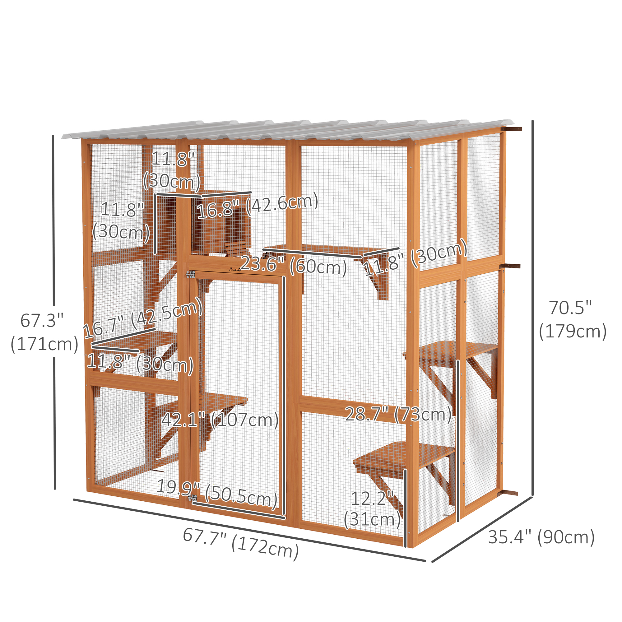 Large Outdoor Catio with Weatherproof Roof, Bridge, Resting Box, Platforms, Orange