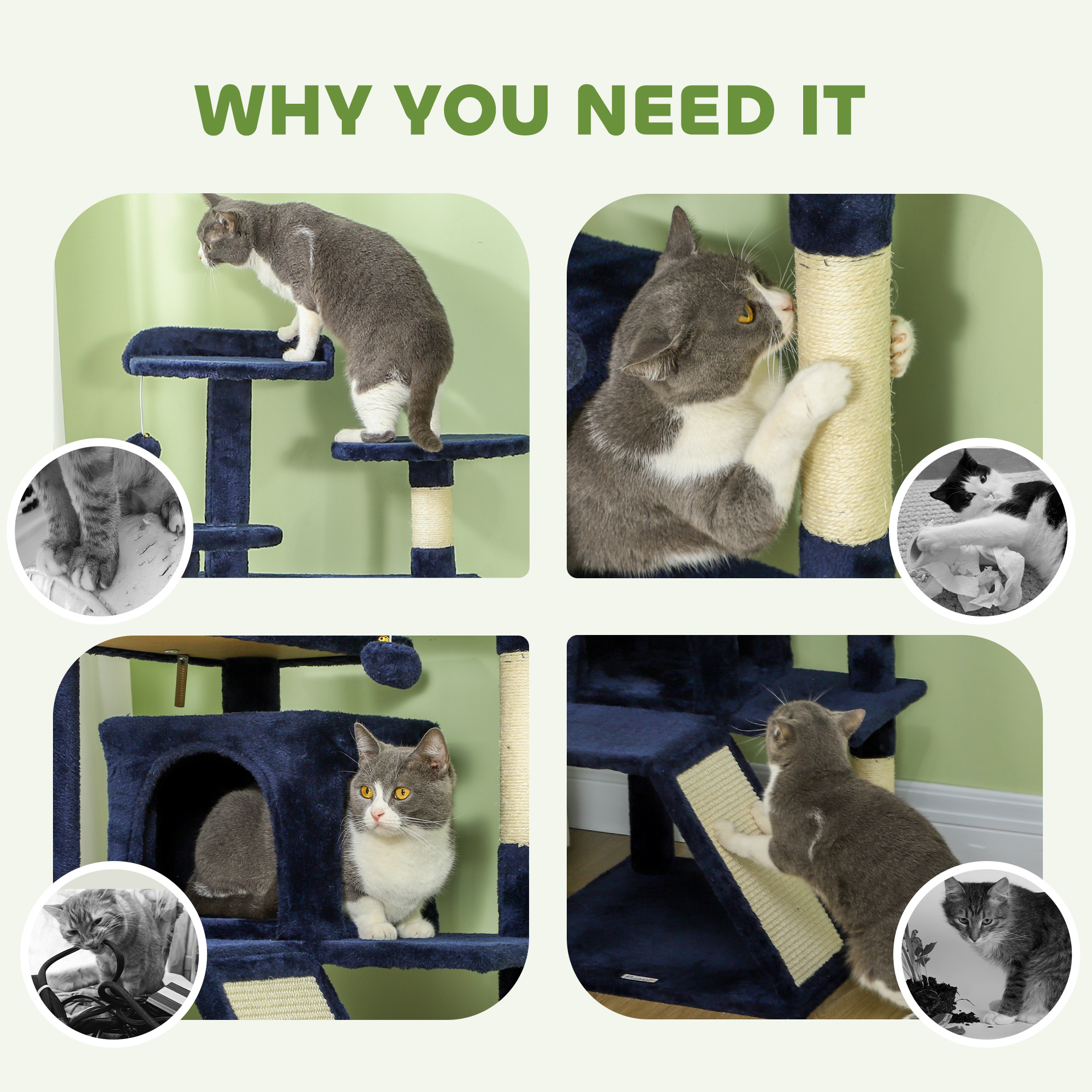 54" Cat Tree, Multi-Level Cat Tower with Scratching Posts, Cat Condos, Bed, Platforms, Ramp, Toy Ball, Dark Blue