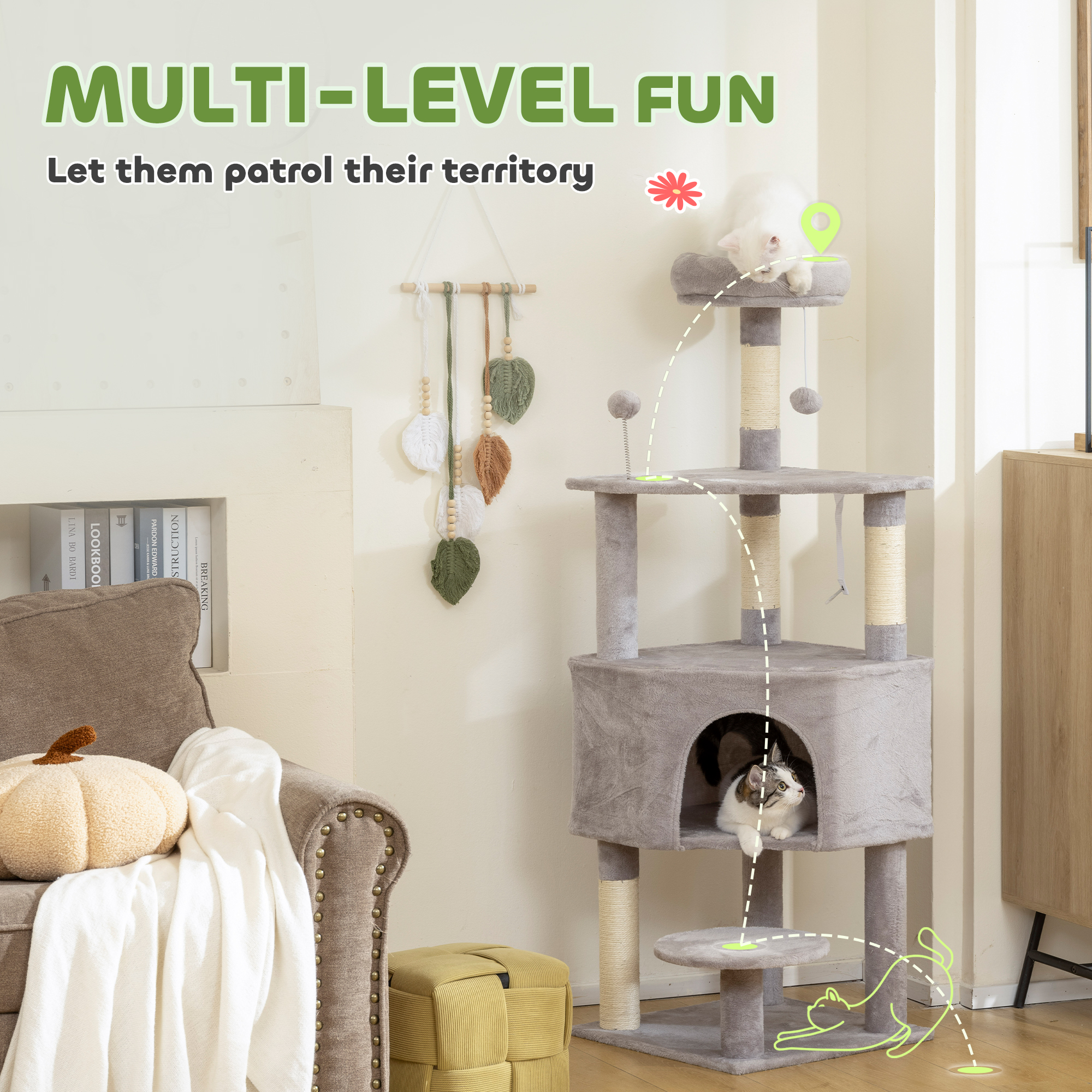 54 Inch Cat Tree with Large Condo, Top Perch, Sisal Scratching Posts, Dangling Toy Ball,Light Grey - Image 4