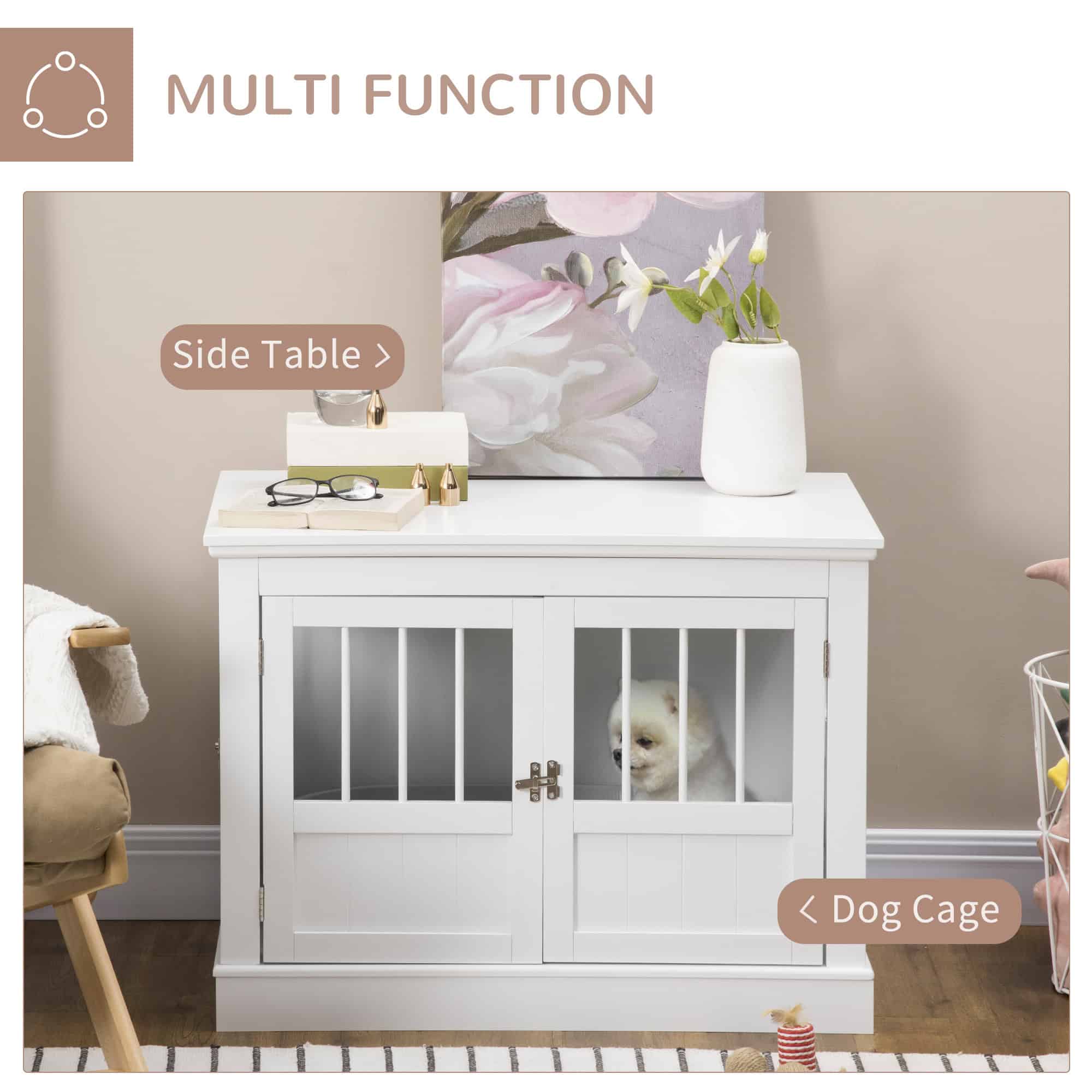 31" Dog Crate Furniture End Table with Three Doors for Small Dogs, White