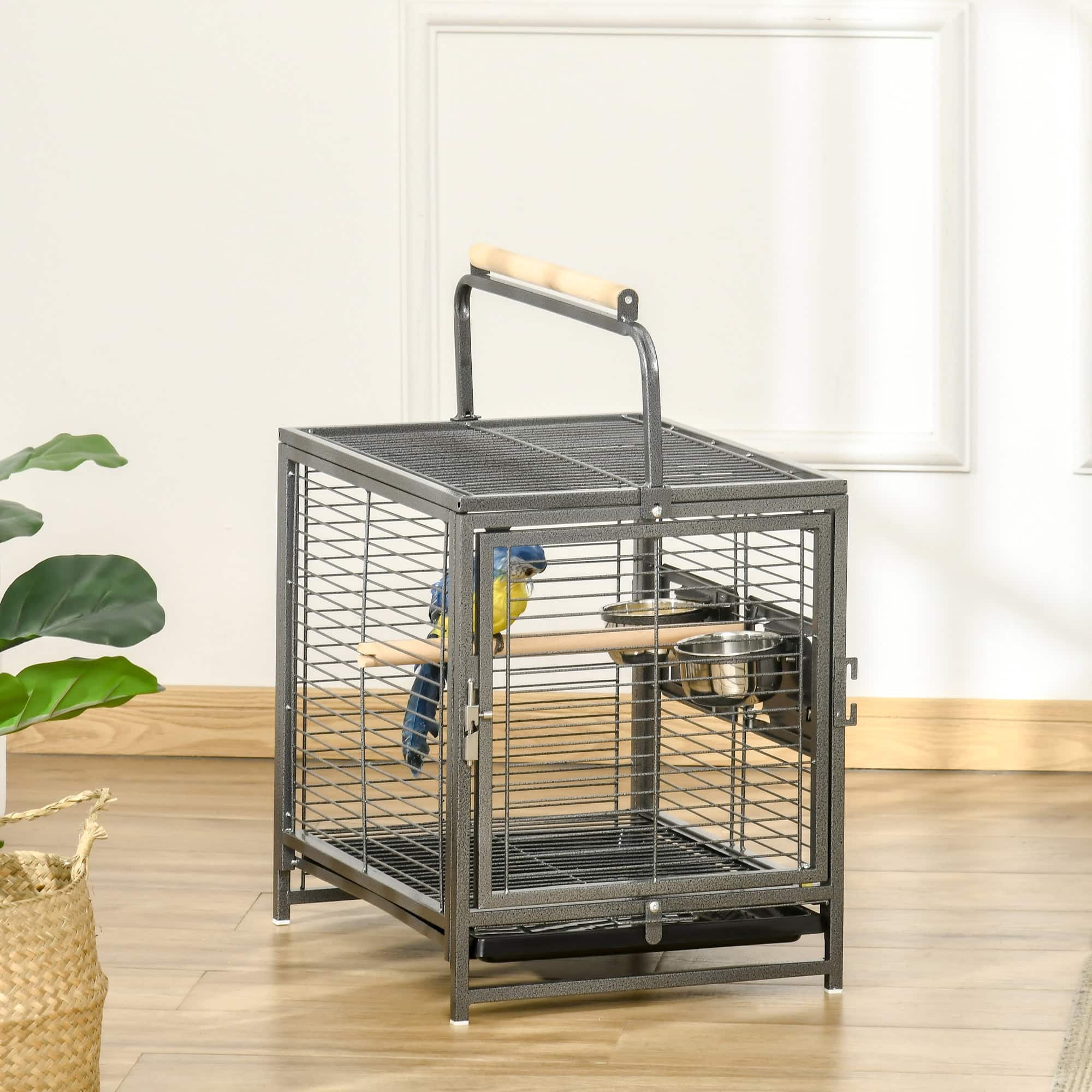 Bird Travel Carrier Cage, Portable Metal Bird Cage for Parrots Conures Cockatiel Parakeets with Stand Perch, Stainless Steel Bowls, Pull Out Tray, 19" x 15" x 26", Black