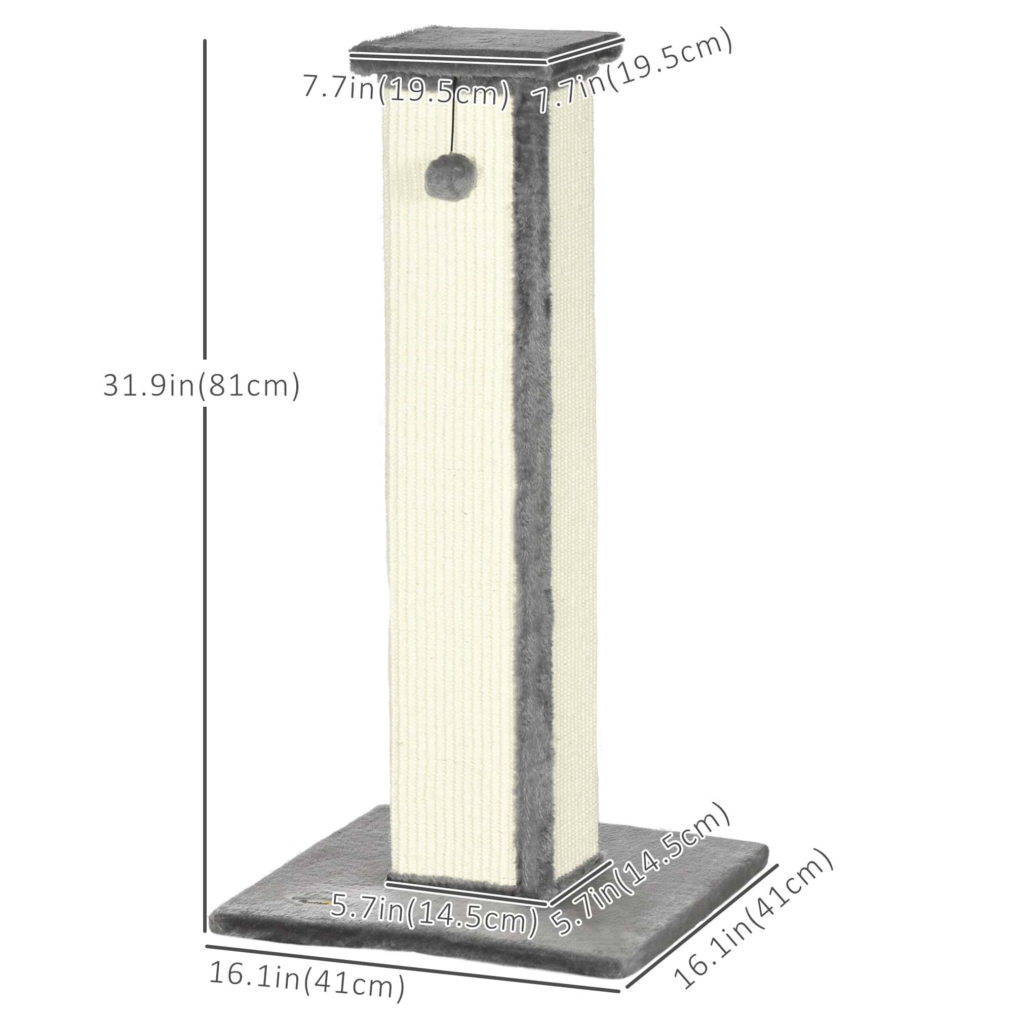 32" Tall Cat Scratching Post for Indoor Cats and Kittens, Sisal Cat Scratcher with Hanging Ball Soft Plush, Grey