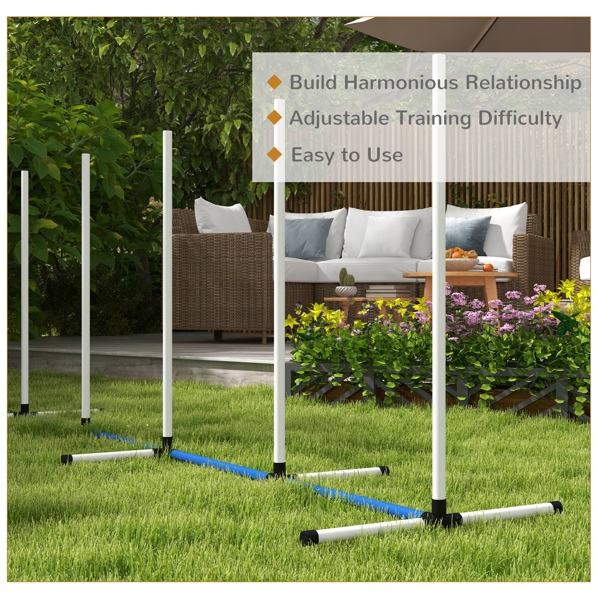 2PCs Dog Agility Kit with Weave Poles, Spray Water Tube, Whistle, Carry Bag, White