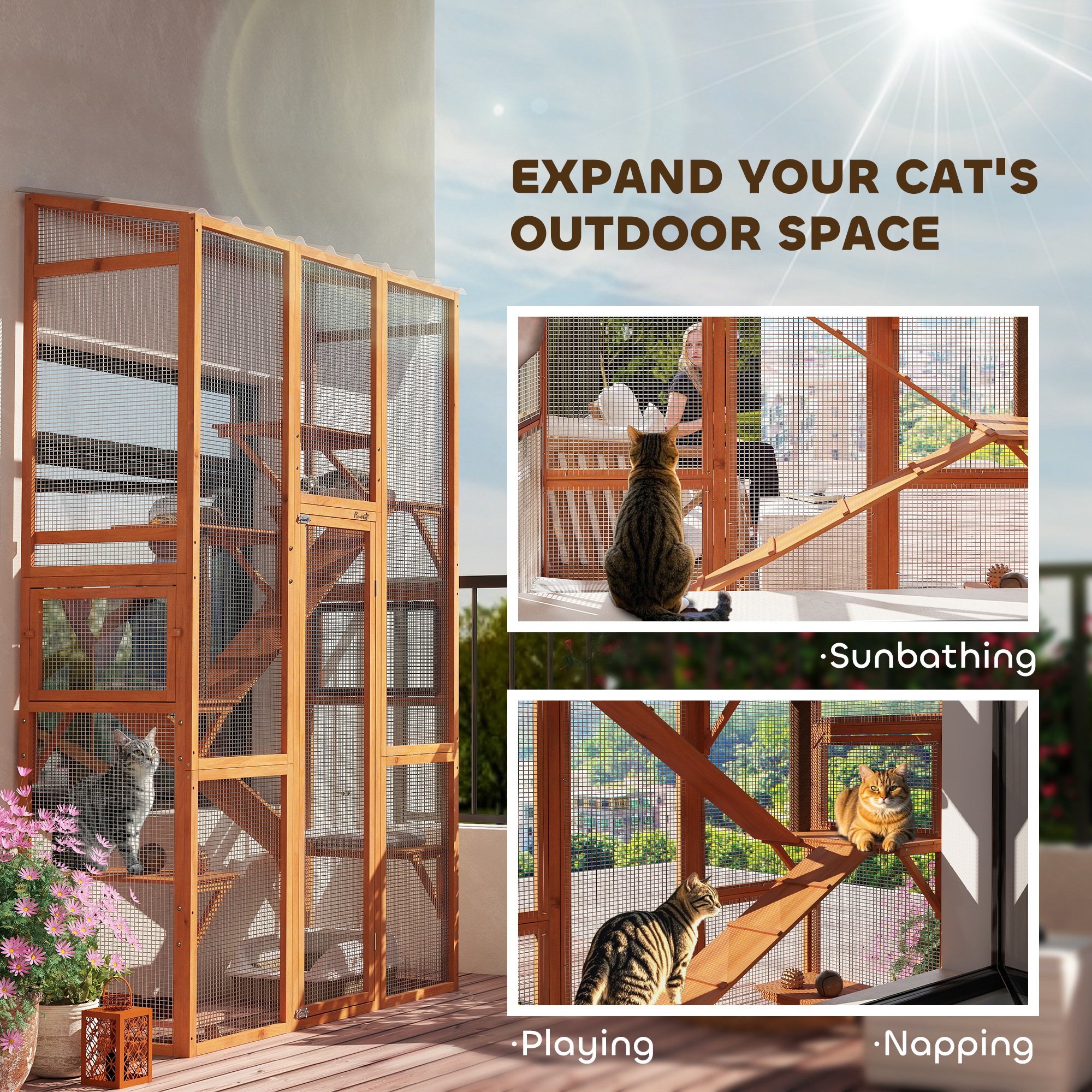 Large Outdoor Catio with 6 Jumping Platforms, Scratching Post, 2 Ramps, Waterproof Roof, Orange - Image 4