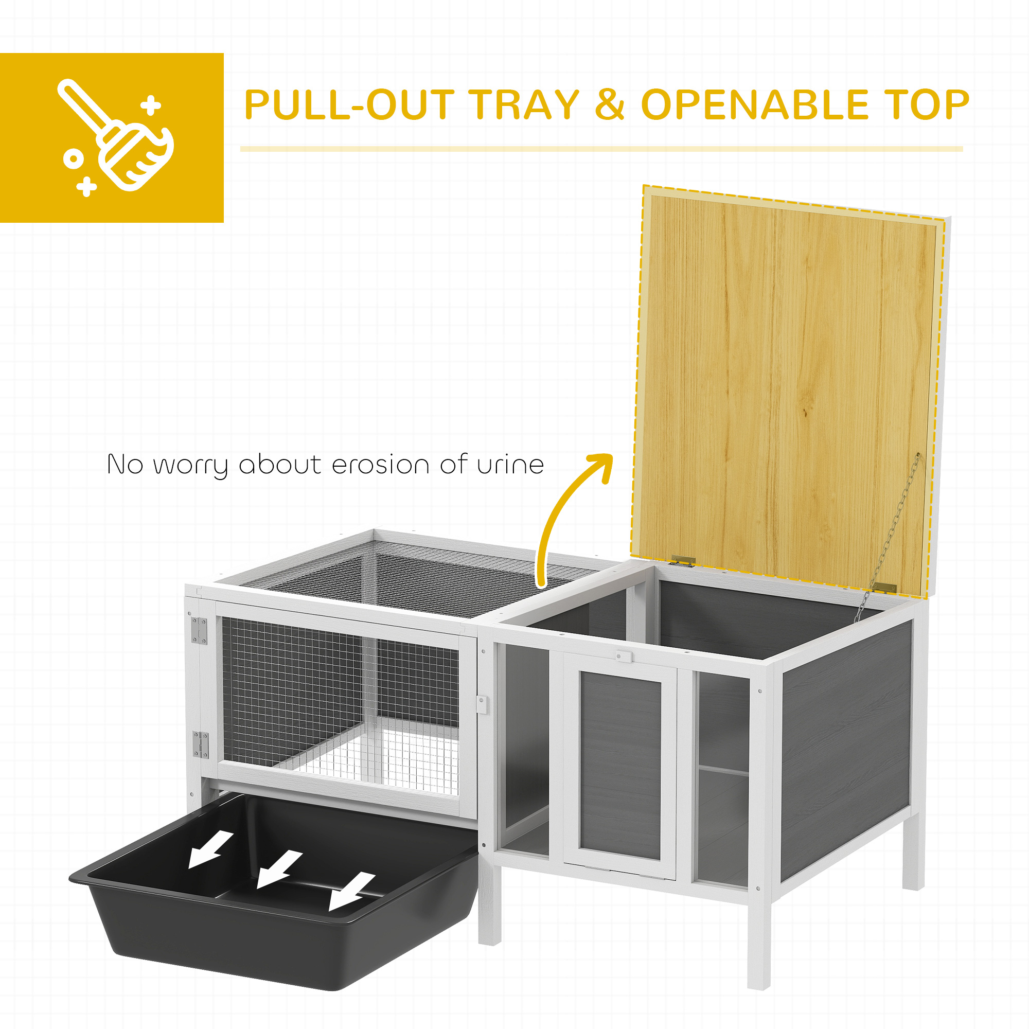 Rabbit Hutch, Wooden Guinea Pig Cage with Run, Openable Top, Pull Out Tray and Ramp, Water-Resistant Roof, Grey