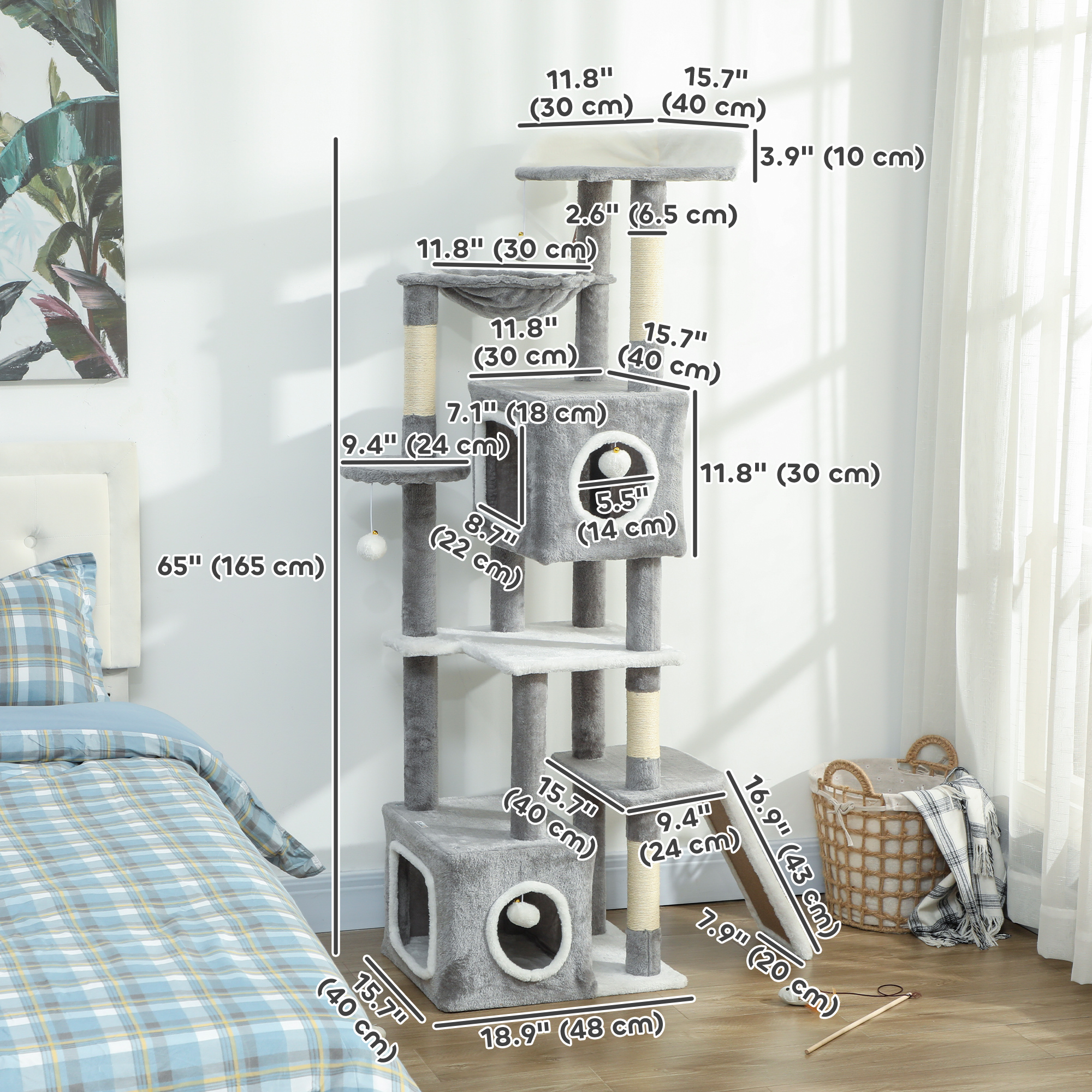 65 Inch Cat Tree with 2 Doors Condos, Plush Top Perch, Hammock, Sisal Scratching Posts, 4 Pompoms, Ramp, Grey - Image 3